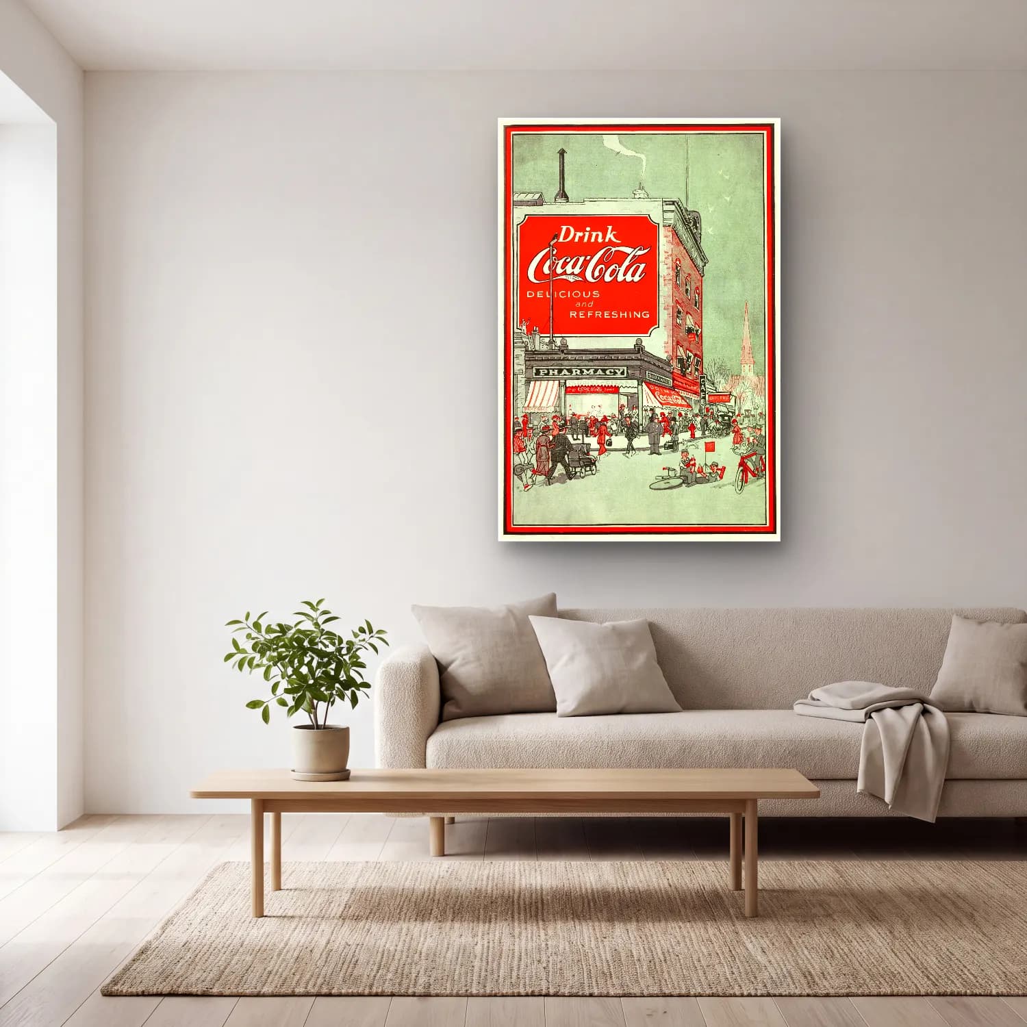 Vintage Poster Kafeli Avrupa Sokağı – Kırmızı Tonlar cam tablo — açık renk salonda