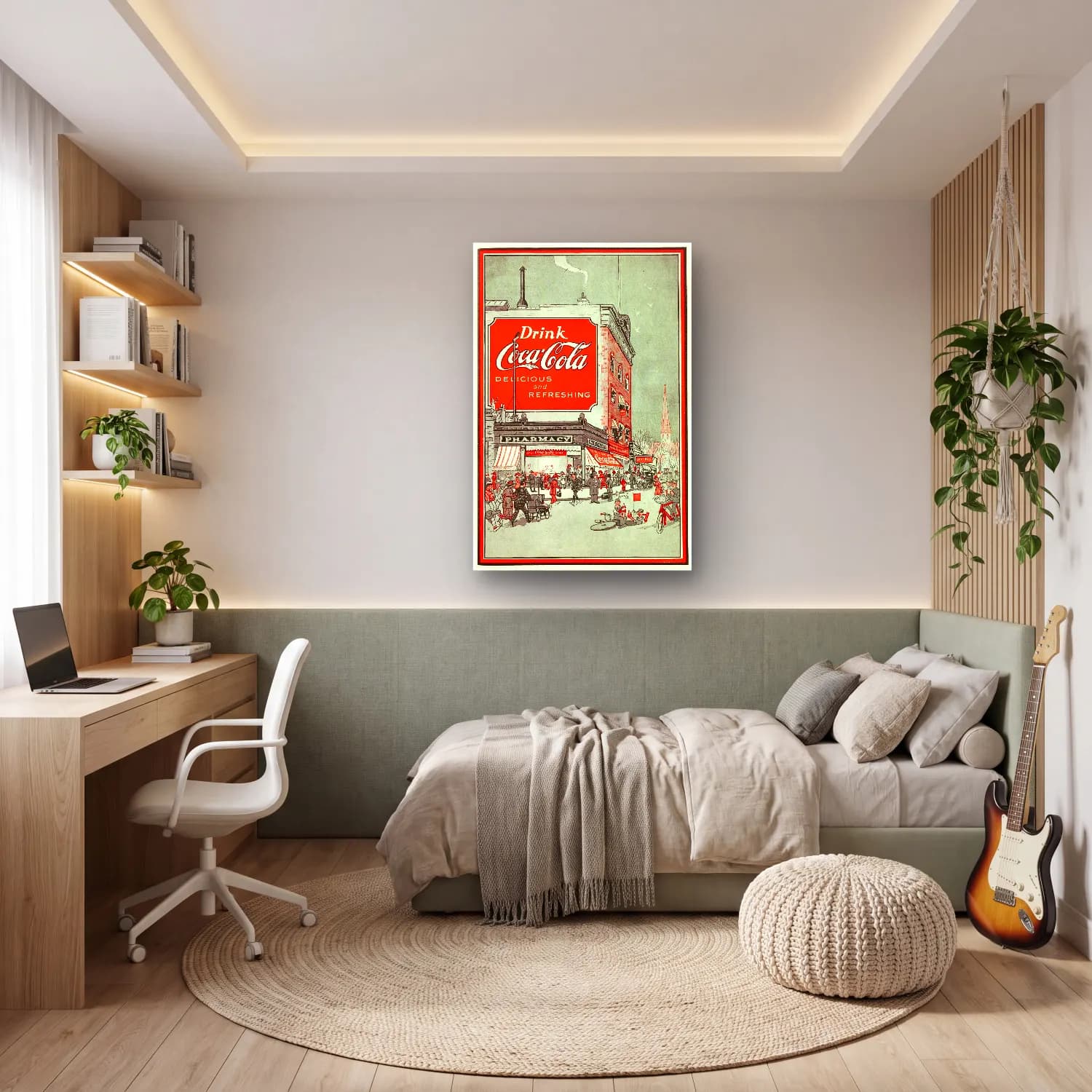 Vintage Poster Kafeli Avrupa Sokağı – Kırmızı Tonlar cam tablo — genç odasında