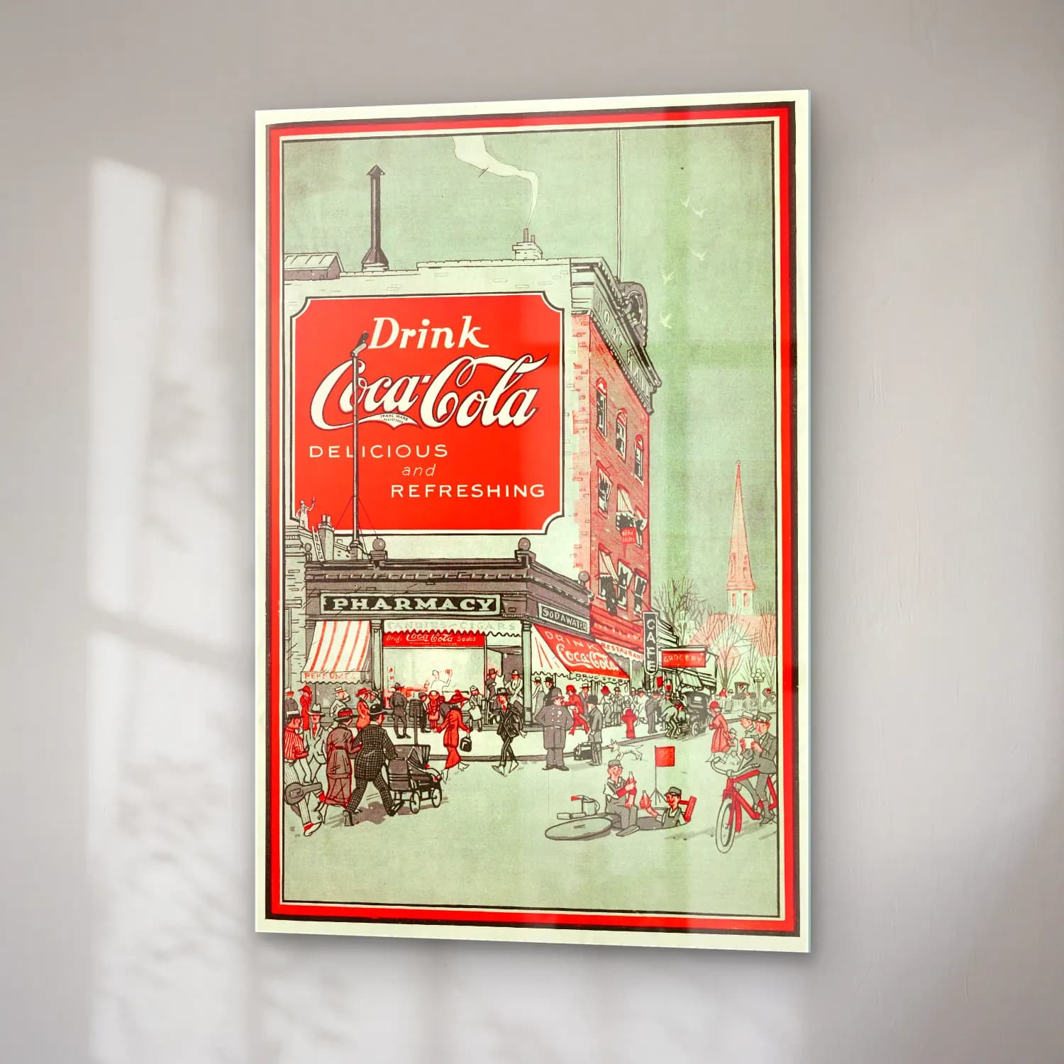 Vintage Poster Kafeli Avrupa Sokağı – Kırmızı Tonlar cam tablo — sağ açıdan görünüm