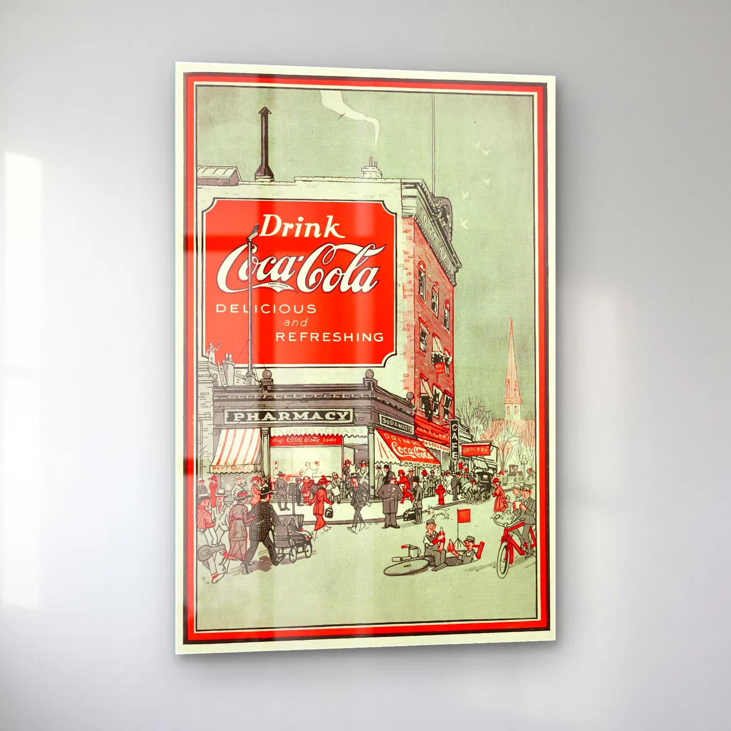 Vintage Poster Kafeli Avrupa Sokağı – Kırmızı Tonlar cam tablo — sol açıdan görünüm