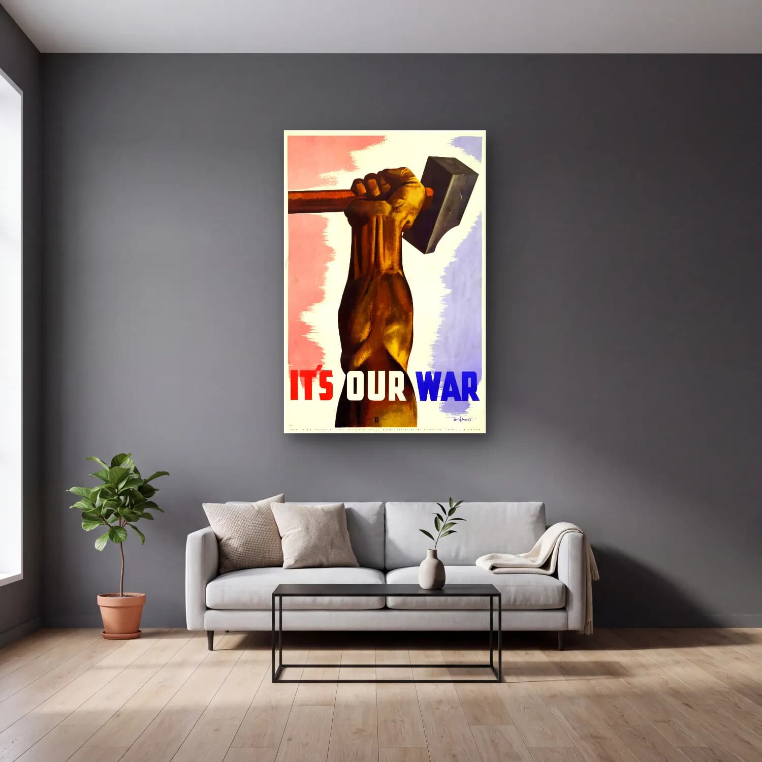 Vintage Poster Şövalye No. 4 cam tablo — gri duvarlı salonda