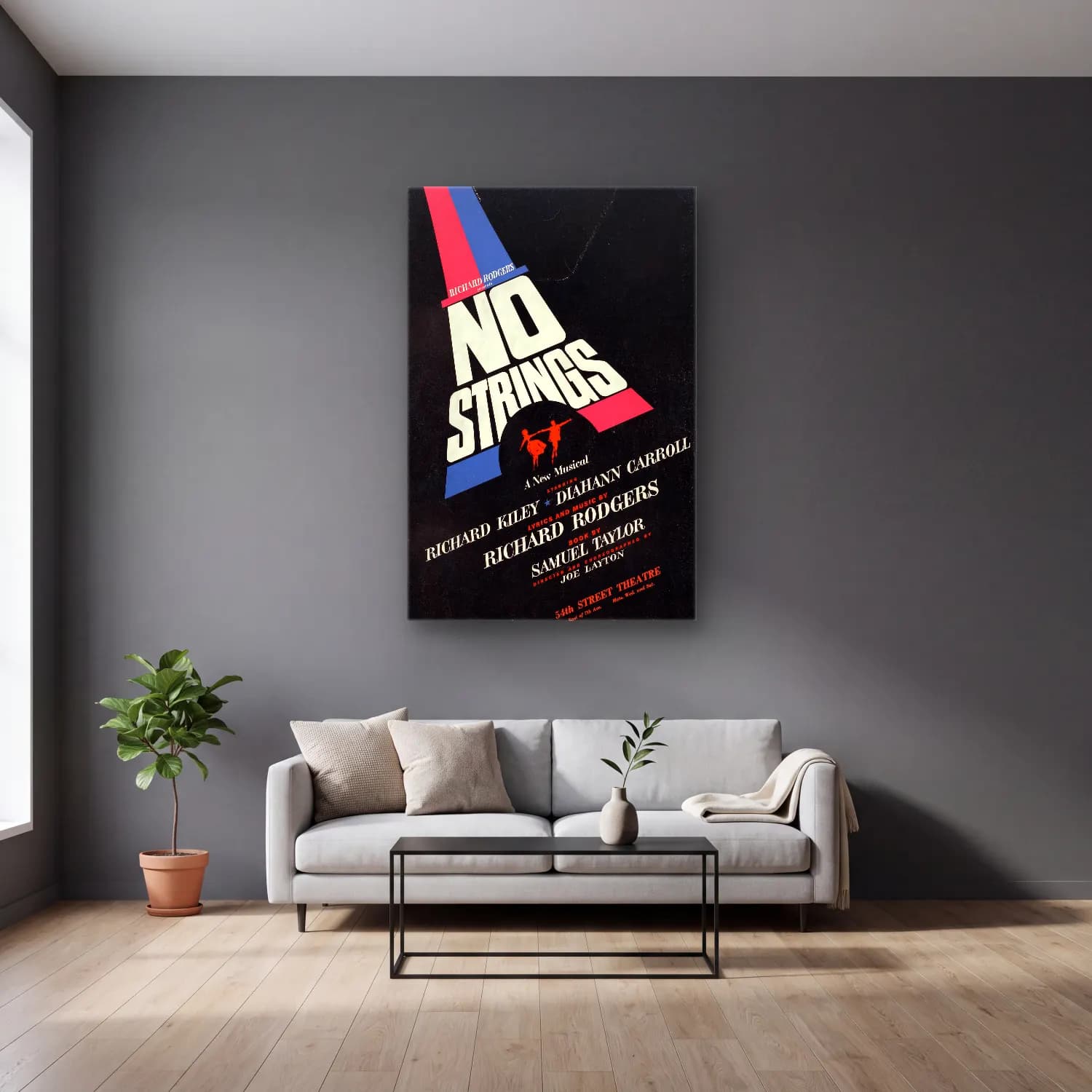 Vintage Poster Yazılı Tasarım No. 61 cam tablo — gri duvarlı salonda