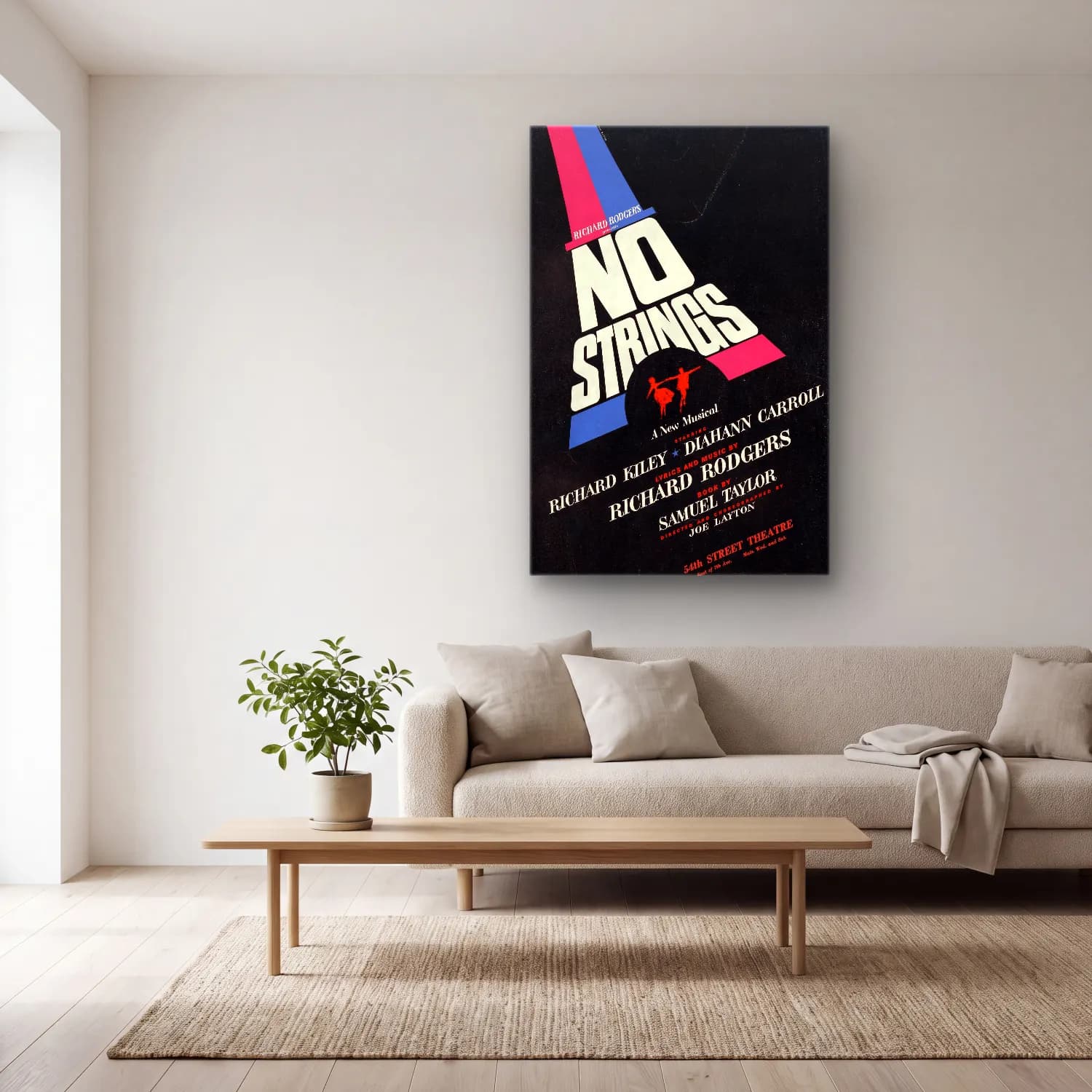 Vintage Poster Yazılı Tasarım No. 61 cam tablo — açık renk salonda
