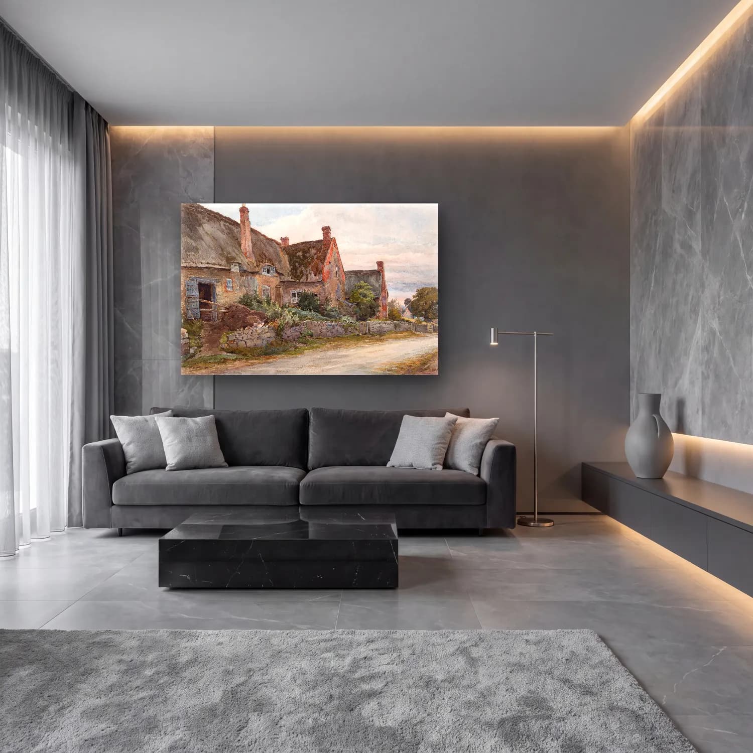 Suluboya Kır Evi No. 28 cam tablo — lüks salon duvarında