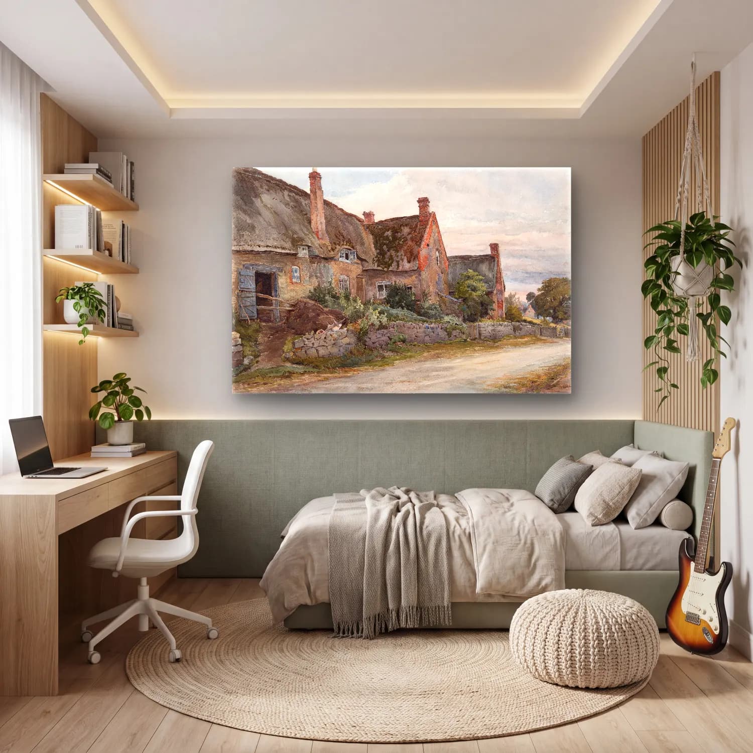 Suluboya Kır Evi No. 28 cam tablo — genç odasında