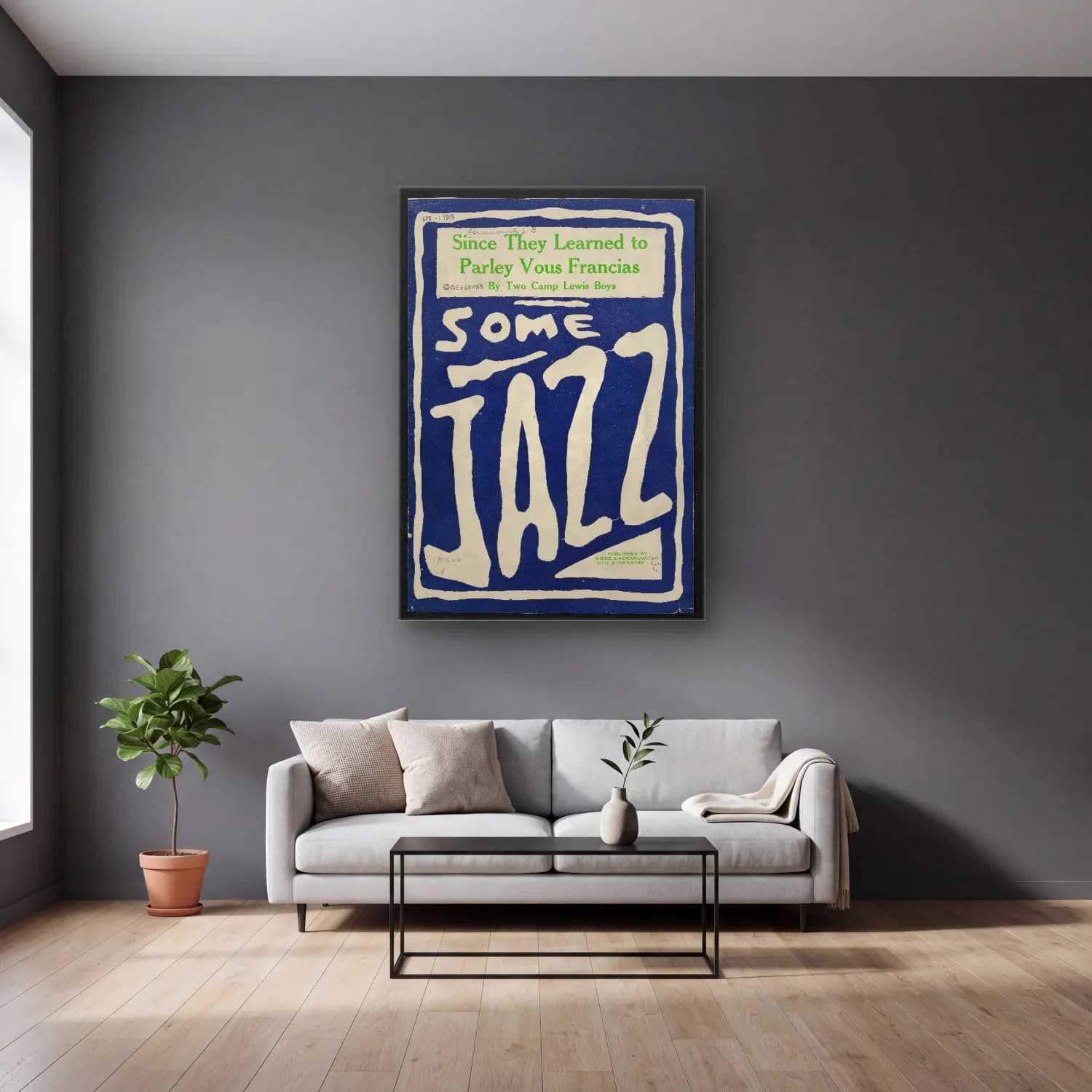 Vintage Poster Yazılı Tasarım No. 62 cam tablo — gri duvarlı salonda
