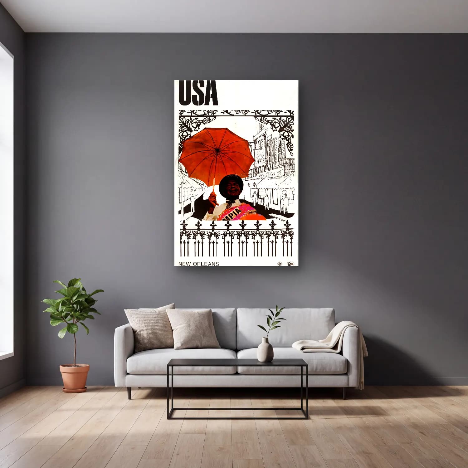 Vintage Poster Şapkalı Kadın No. 12 cam tablo — gri duvarlı salonda