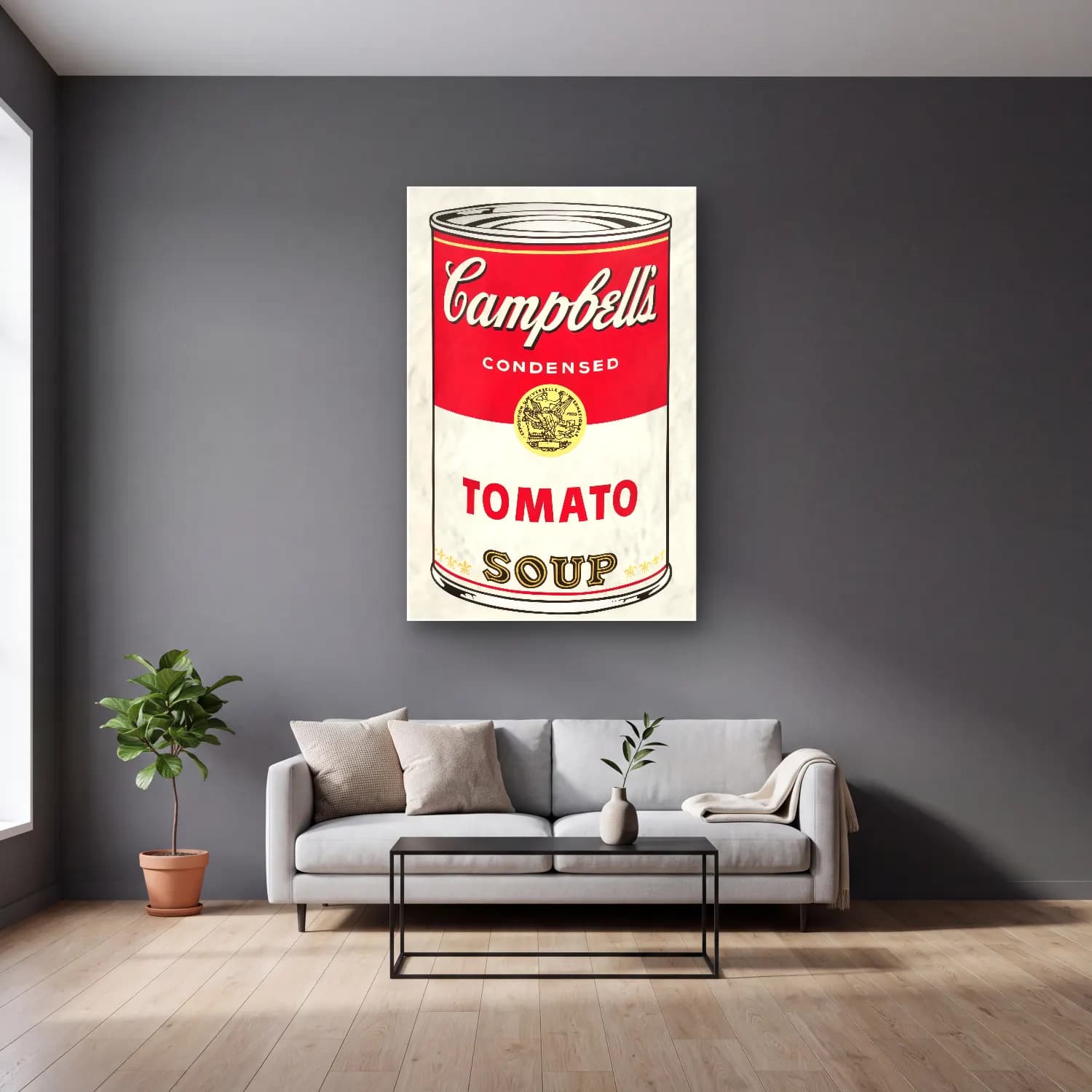 Vintage Poster Makarna No. 6 cam tablo — gri duvarlı salonda