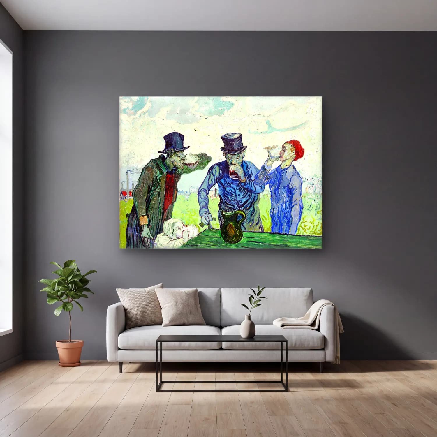 Vincent Van Gogh – The Drinkers cam tablo — gri duvarlı salonda