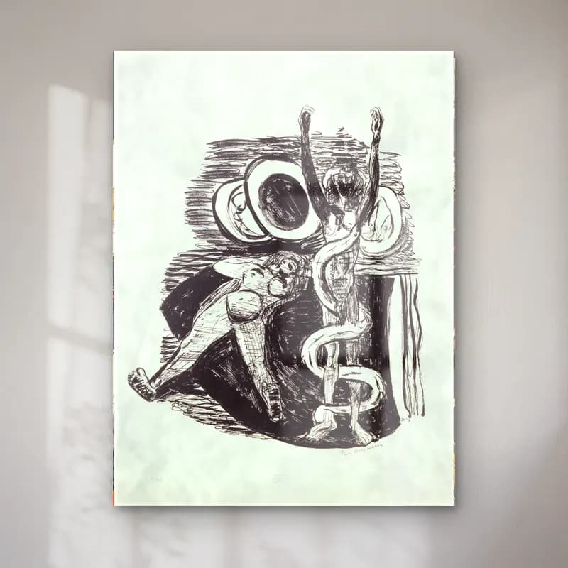 Max Beckmann – The Fall of Man, plate 14 from the portfolio “Day and Dream” cam tablo — Max Beckmann – The Fall of Man, plate 14 from the portfolio “Day and Dream” — siyah beyaz dansçılar