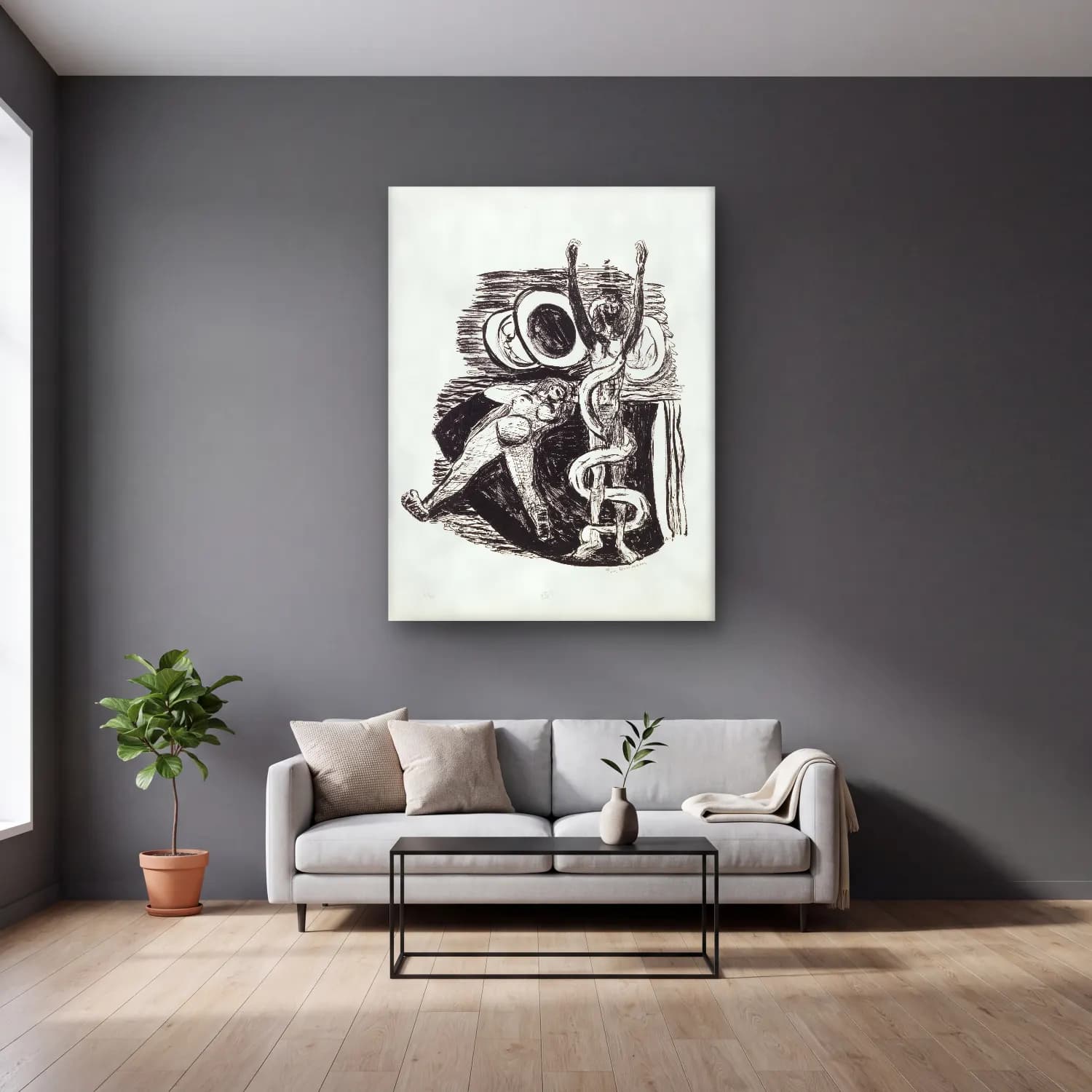 Max Beckmann – The Fall of Man, plate 14 from the portfolio “Day and Dream” cam tablo — gri duvarlı salonda