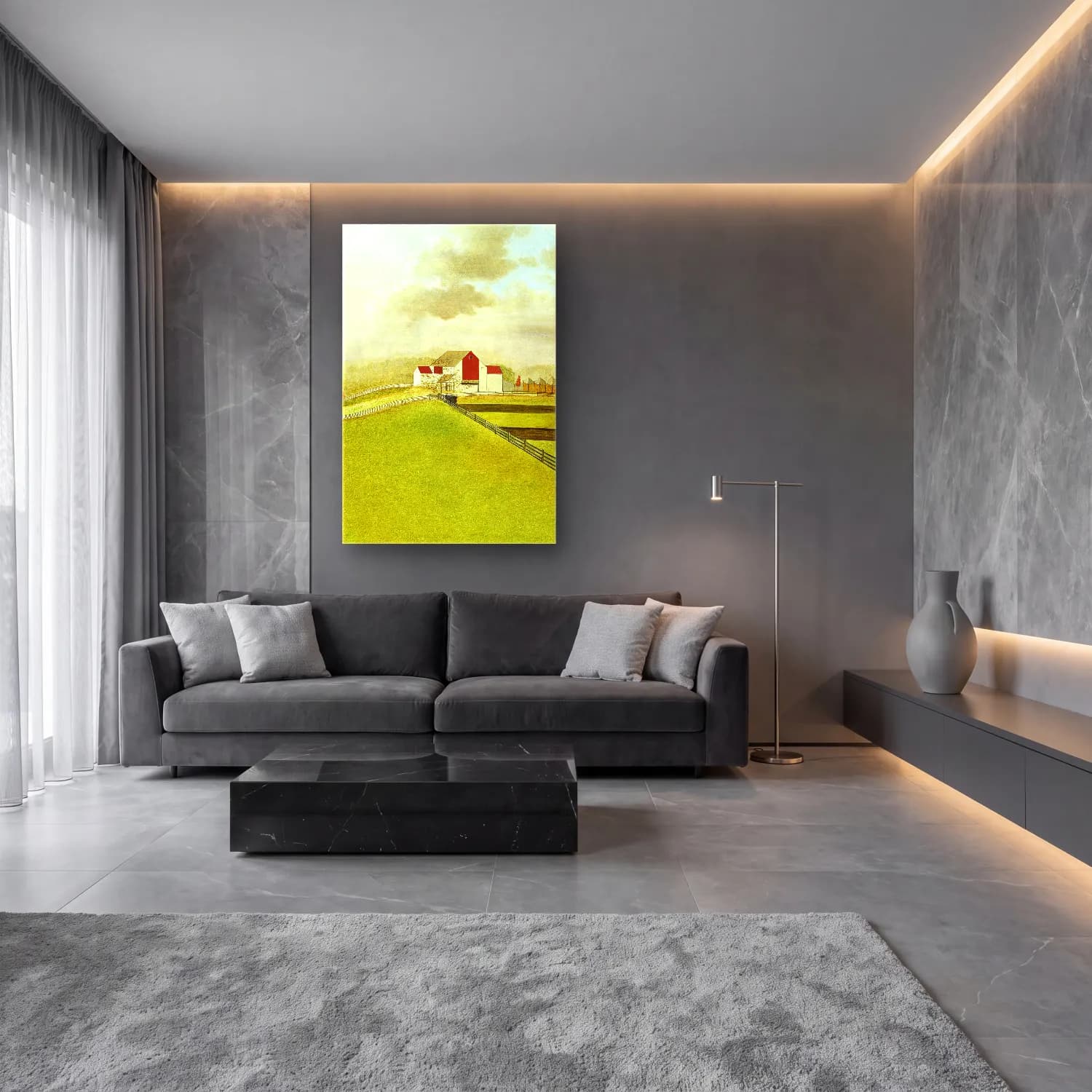 Suluboya Kır Evi No. 30 cam tablo — lüks salon duvarında