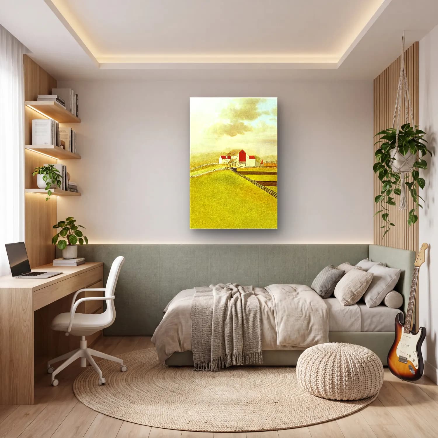 Suluboya Kır Evi No. 30 cam tablo — genç odasında