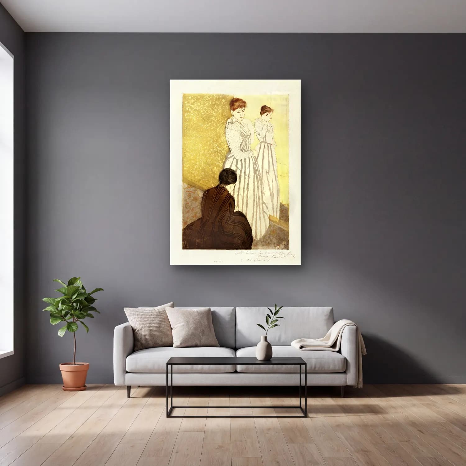 Mary Cassatt – The Fitting cam tablo — gri duvarlı salonda