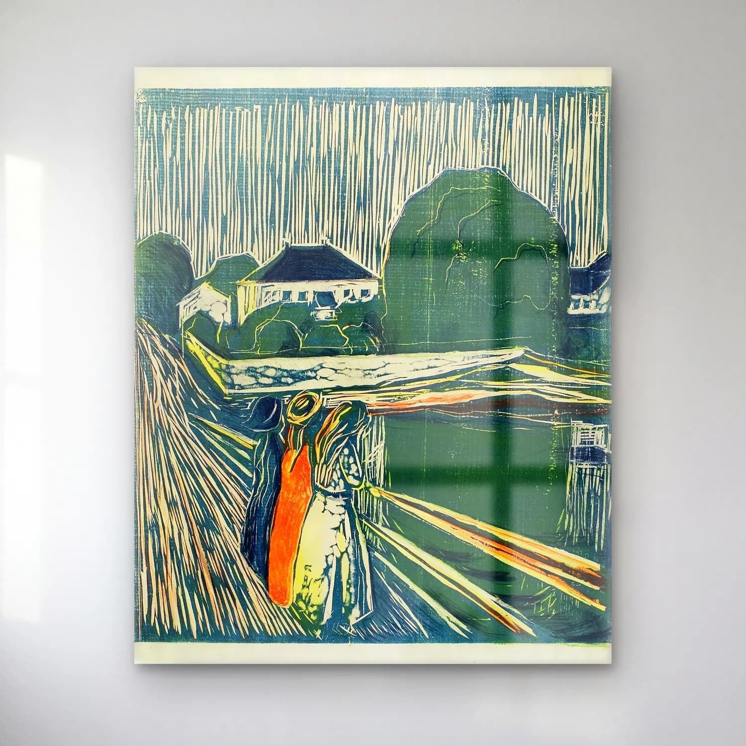 Edvard Munch – The Girls on the Bridge – Yeşil Tonlar cam tablo — Edvard Munch – The Girls on the Bridge – Yeşil Tonlar — vintage poster elbiseli kadın