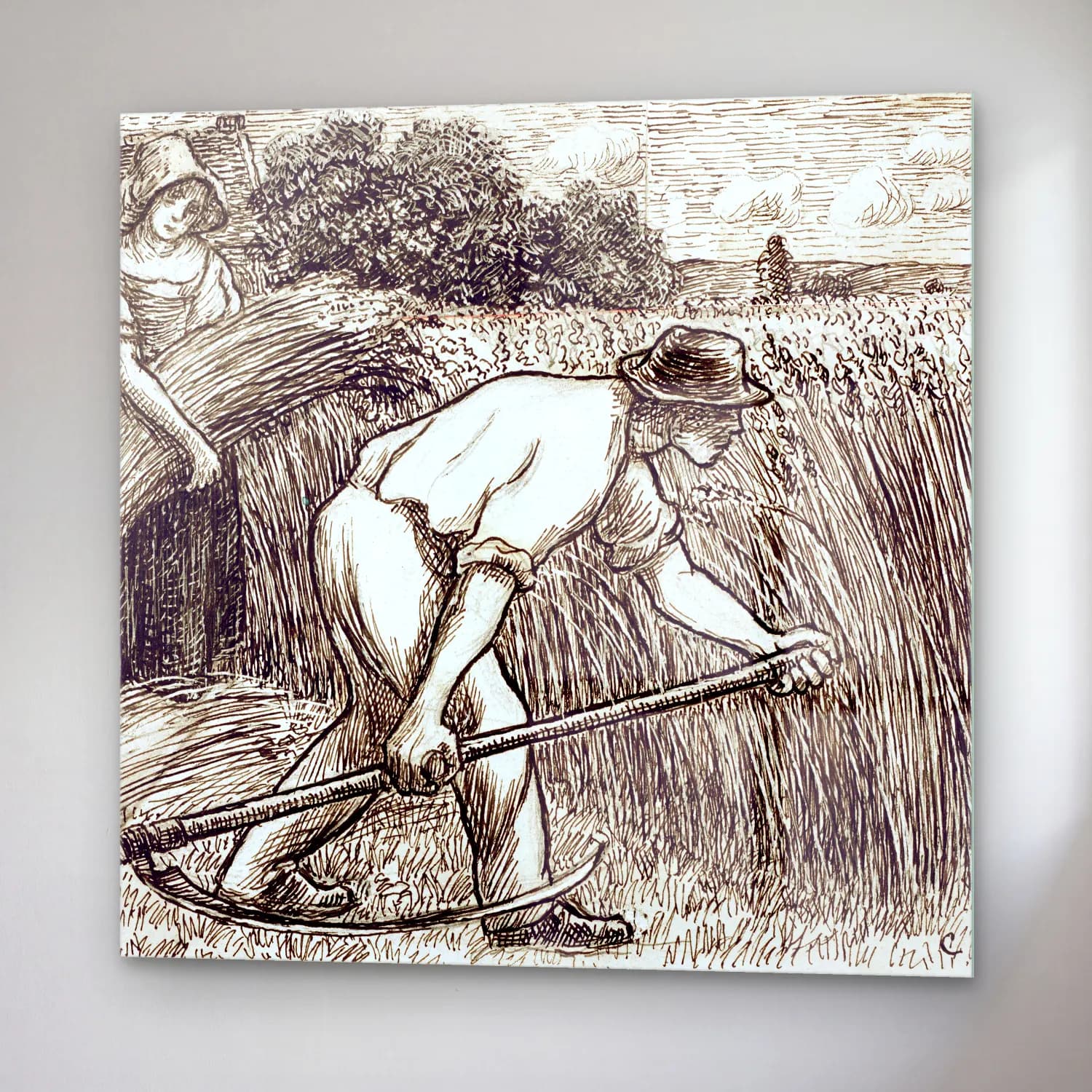 Vintage Buğday Tarlası – Siyah Beyaz Tonlar cam tablo — sağ açıdan görünüm