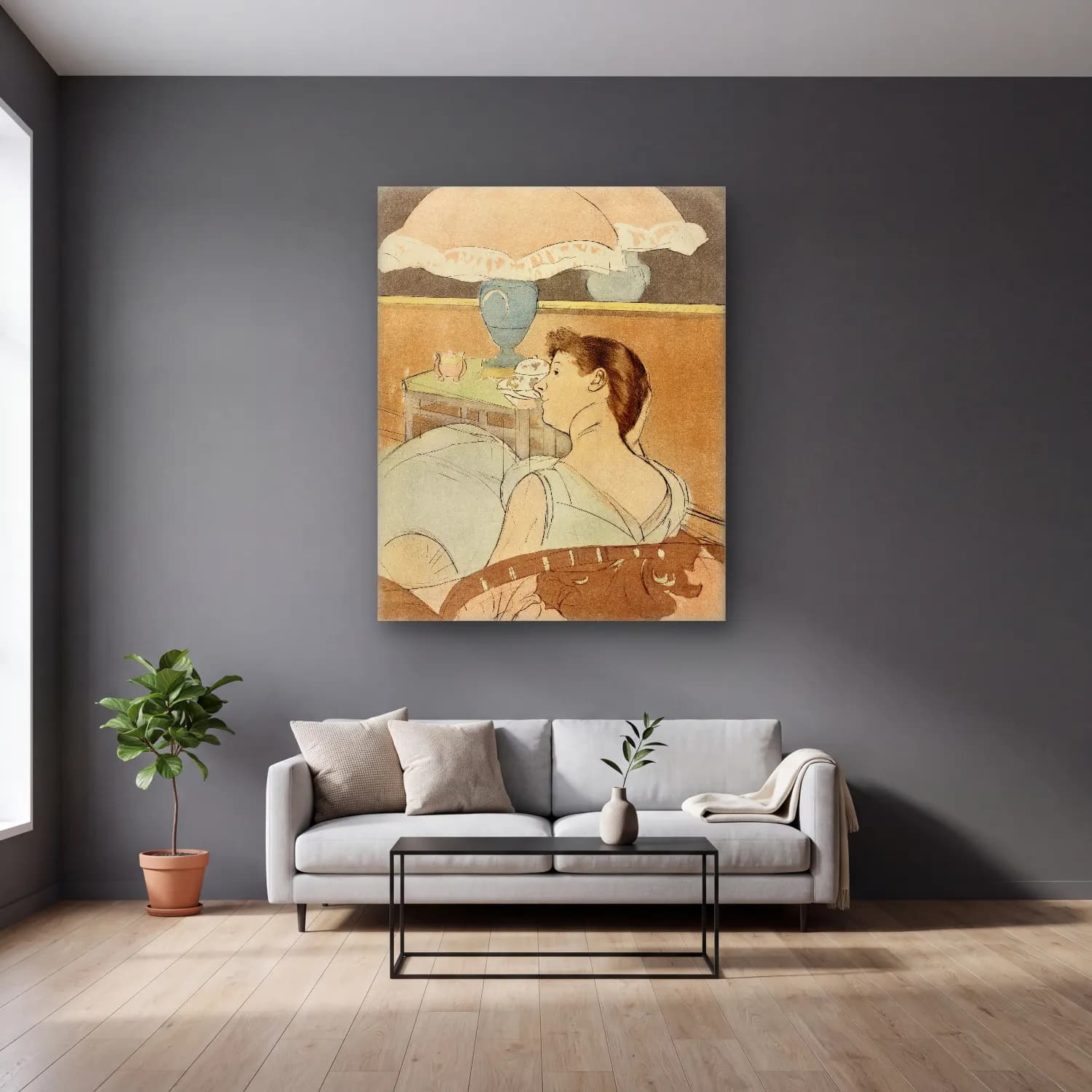 Mary Cassatt – The Lamp cam tablo — gri duvarlı salonda