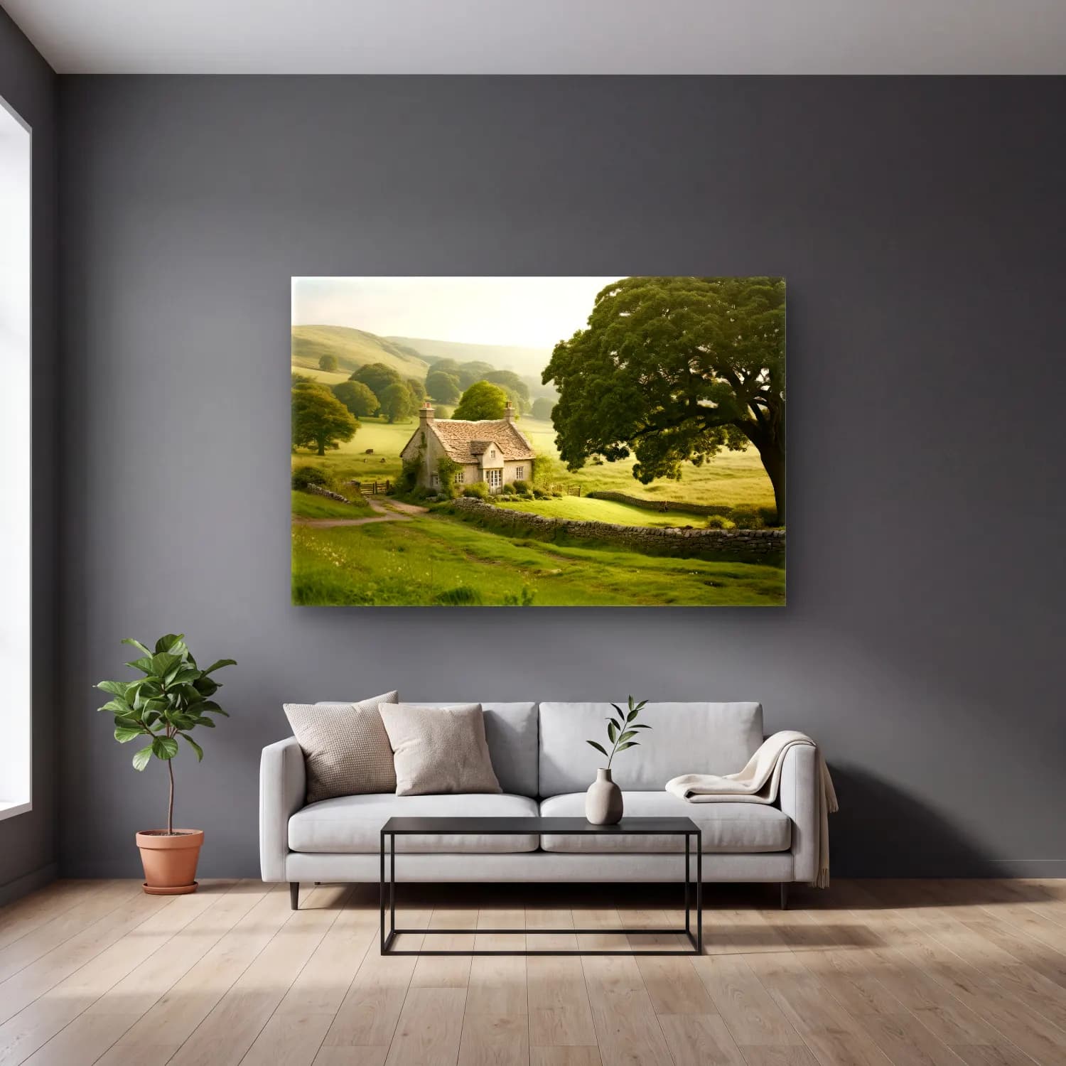 Pastel Kır Evi – Bej Tonlar cam tablo — gri duvarlı salonda