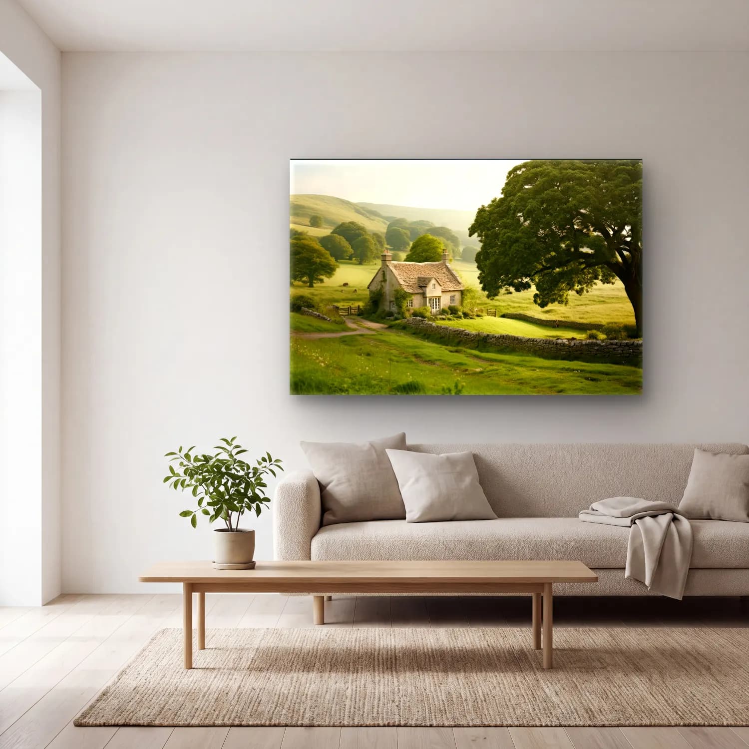 Pastel Kır Evi – Bej Tonlar cam tablo — açık renk salonda