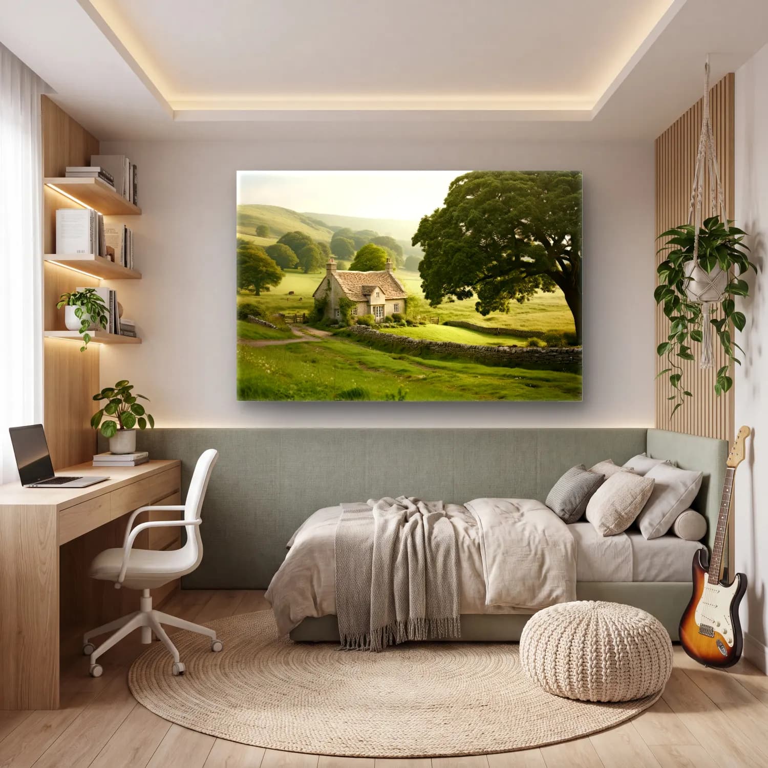 Pastel Kır Evi – Bej Tonlar cam tablo — genç odasında