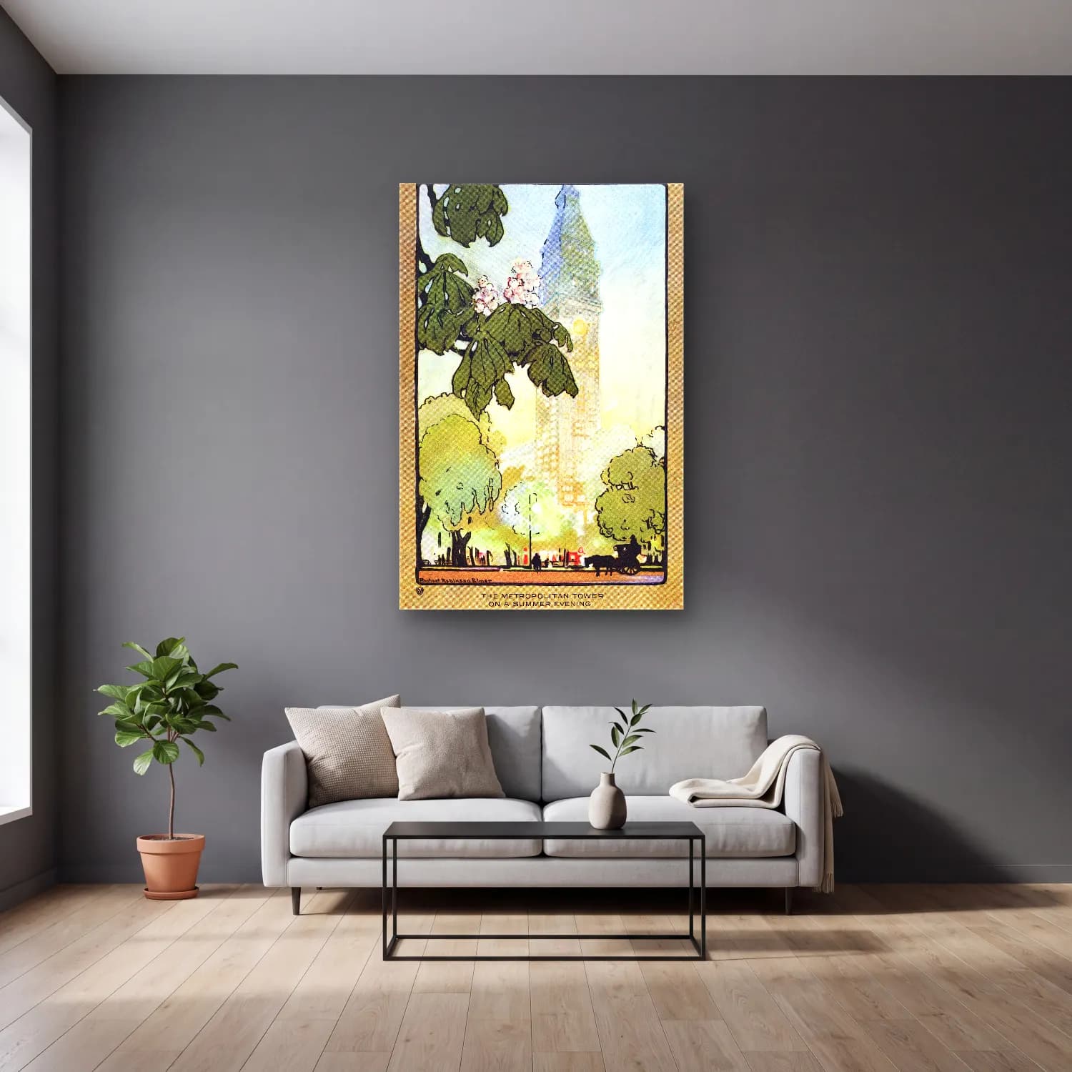 Robinson Elmer – The Metropolitan Tower on A Summer Evening from Art–Lovers… cam tablo — gri duvarlı salonda
