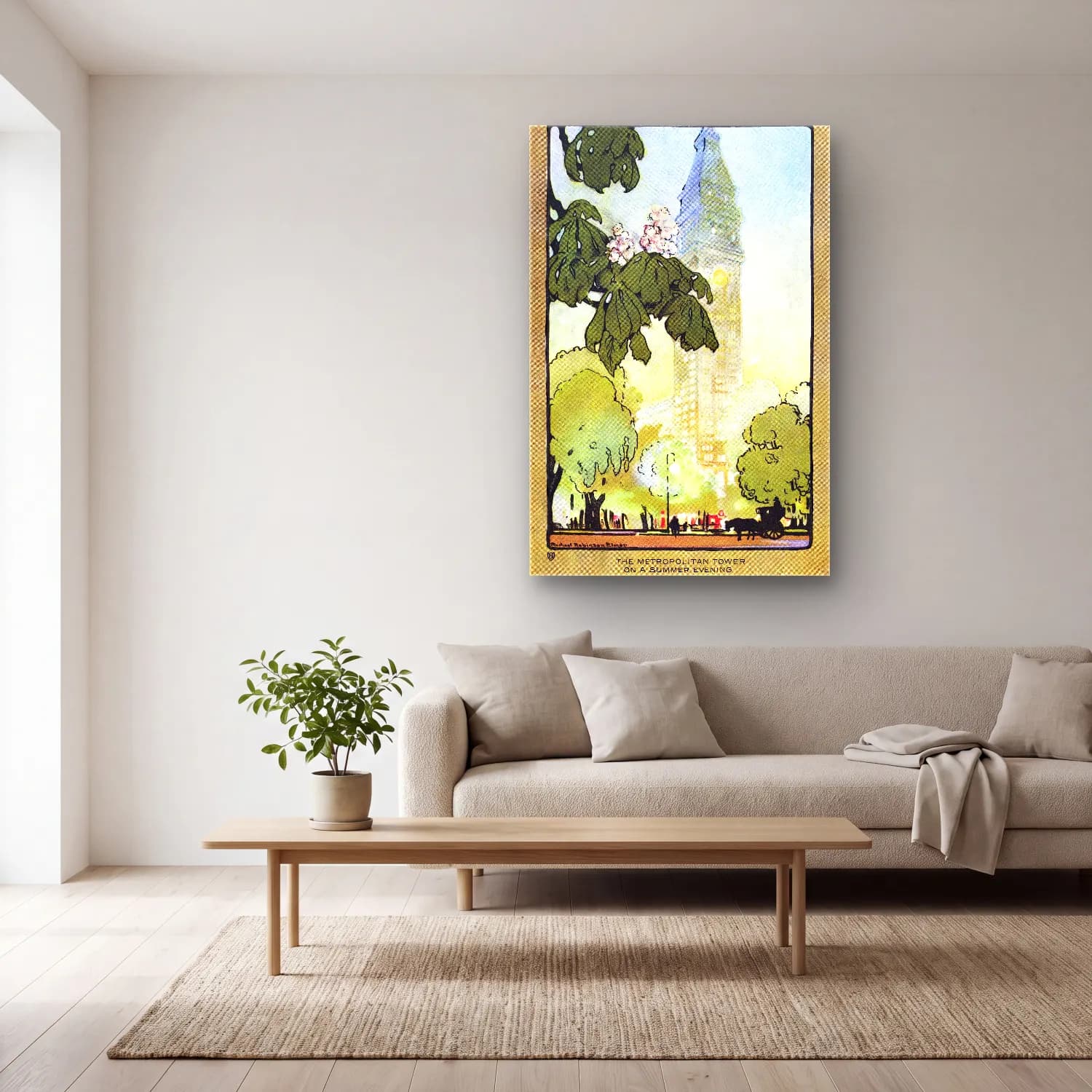Robinson Elmer – The Metropolitan Tower on A Summer Evening from Art–Lovers… cam tablo — açık renk salonda