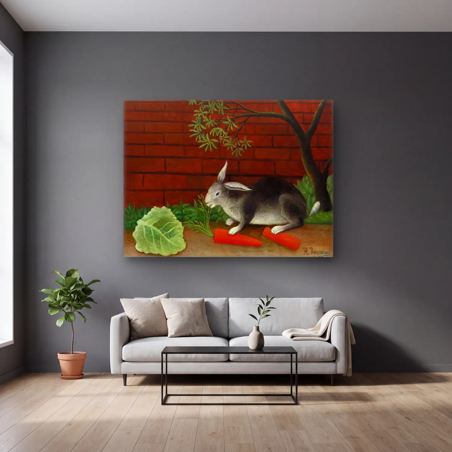 Henri Rousseau – The Rabbit s Meal (Le Repas du lapin) cam tablo — gri duvarlı salonda