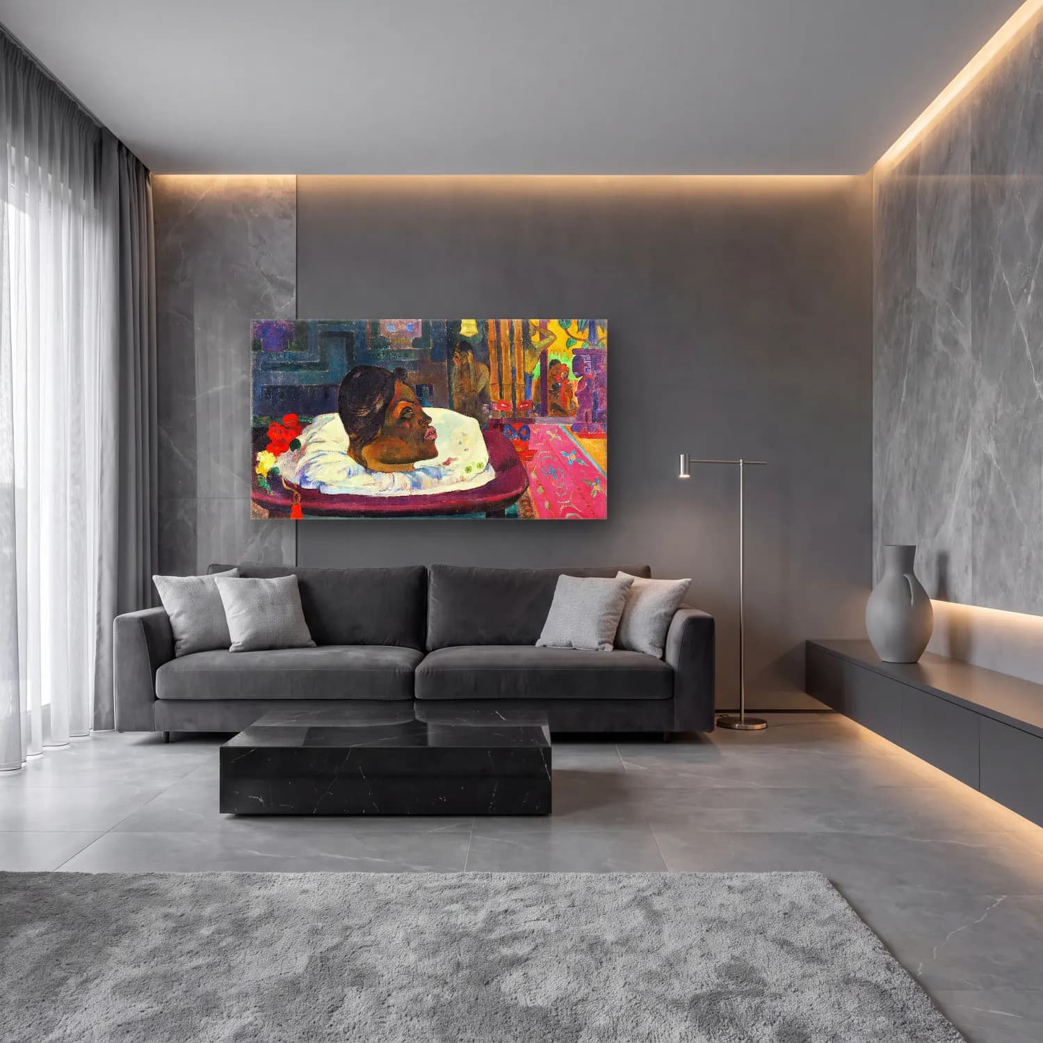 Paul Gauguin – The Royal End (Arii Matamoe) cam tablo — lüks salon duvarında