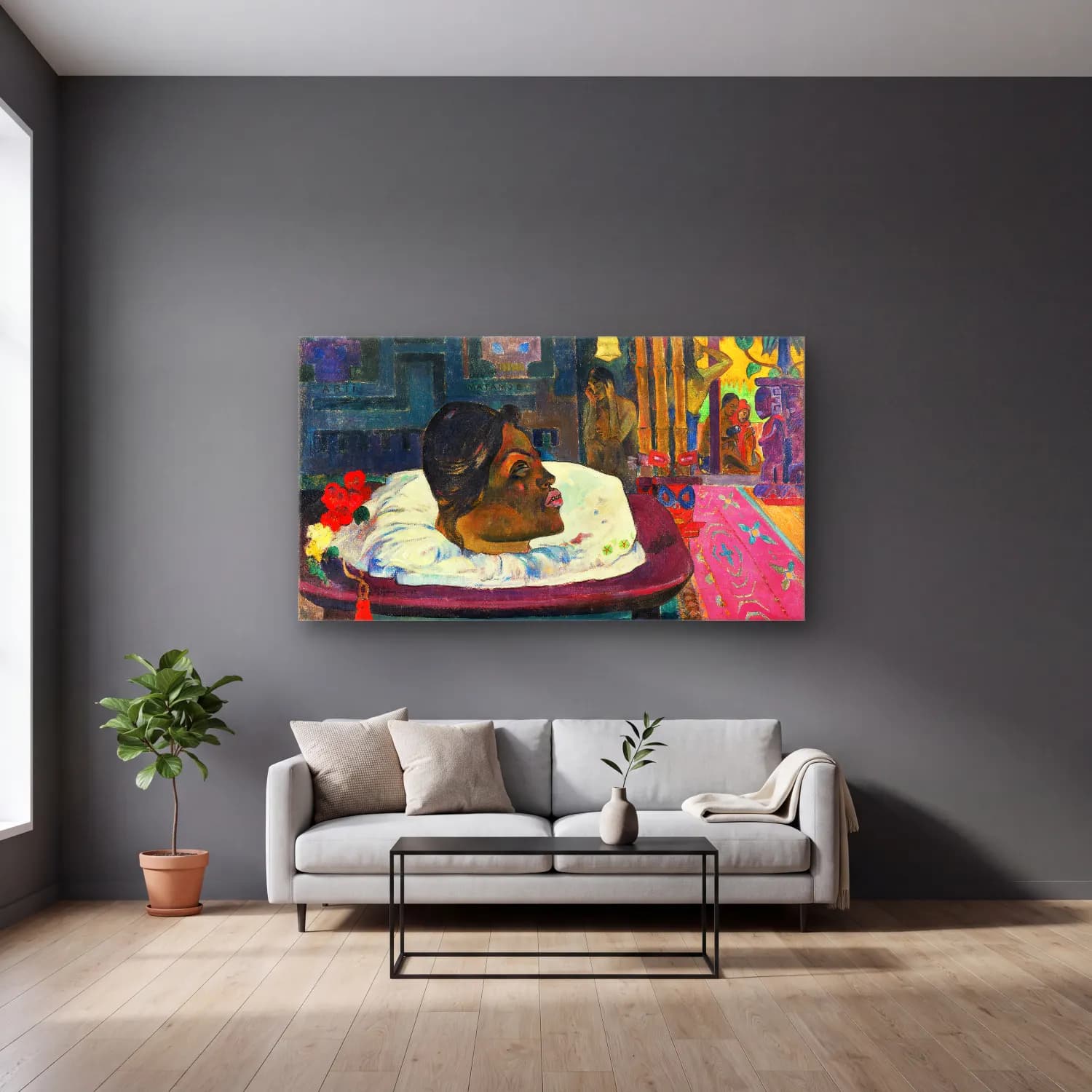 Paul Gauguin – The Royal End (Arii Matamoe) cam tablo — gri duvarlı salonda