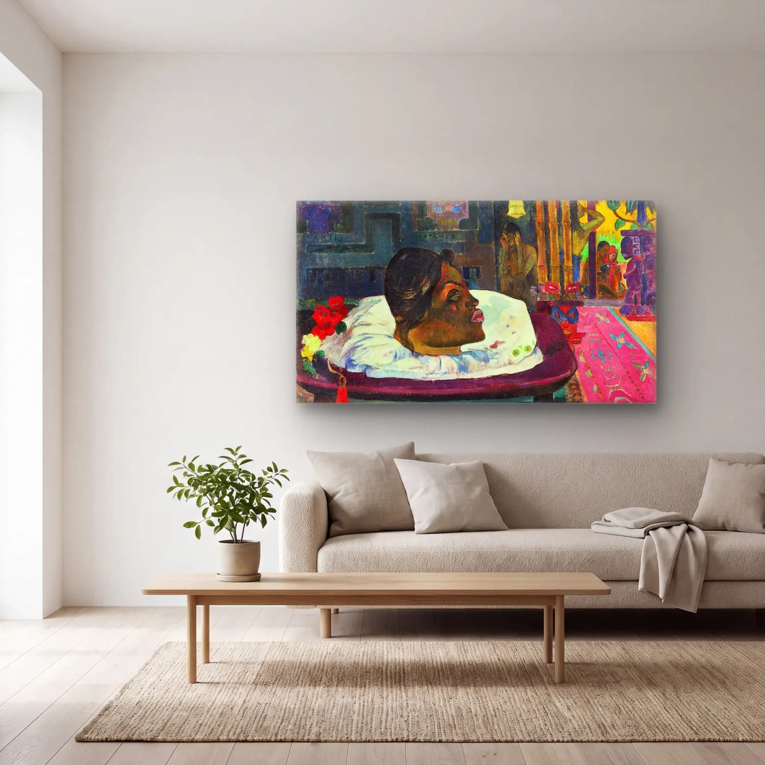 Paul Gauguin – The Royal End (Arii Matamoe) cam tablo — açık renk salonda