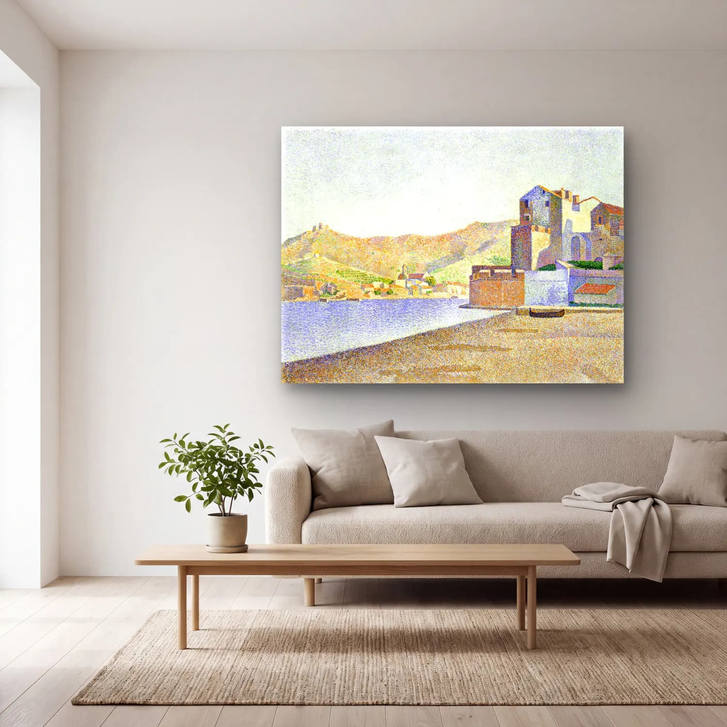 Paul Signac – The Town Beach, Collioure, Opus cam tablo — açık renk salonda
