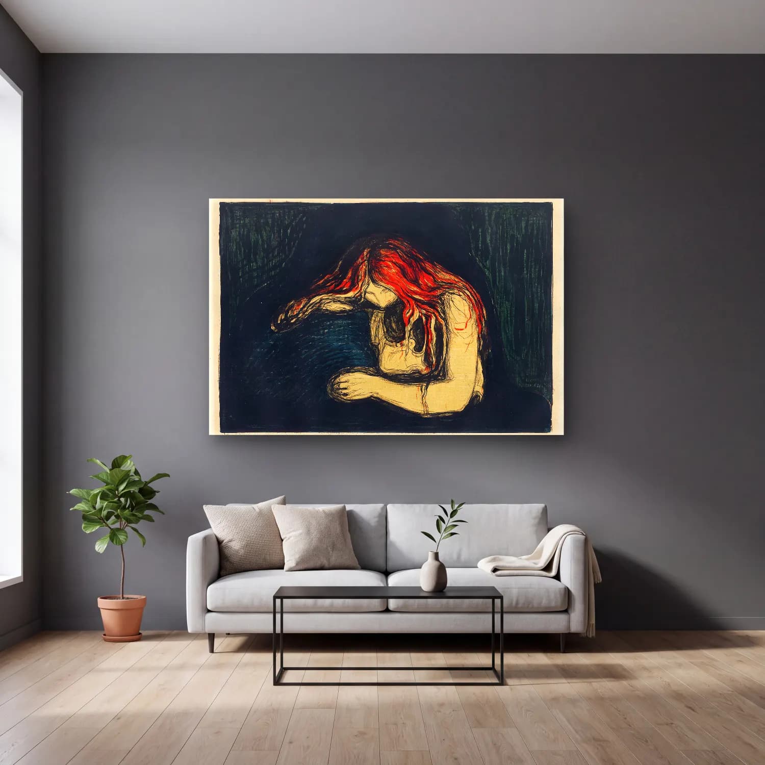 Edvard Munch – The Vampire II (ca. 1895–1902) cam tablo — gri duvarlı salonda