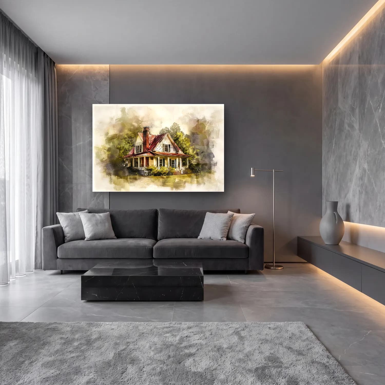 Suluboya Kır Evi No. 32 cam tablo — lüks salon duvarında