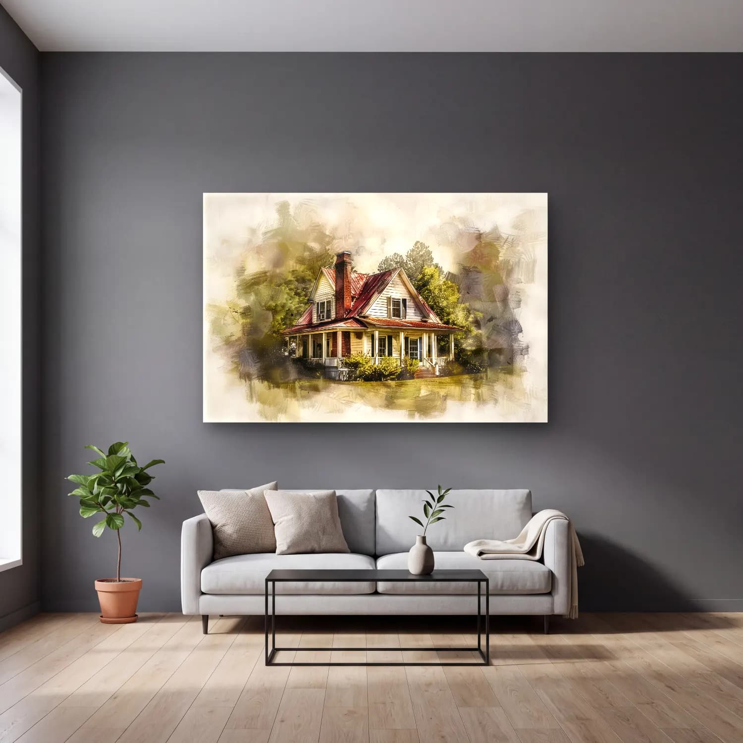 Suluboya Kır Evi No. 32 cam tablo — gri duvarlı salonda