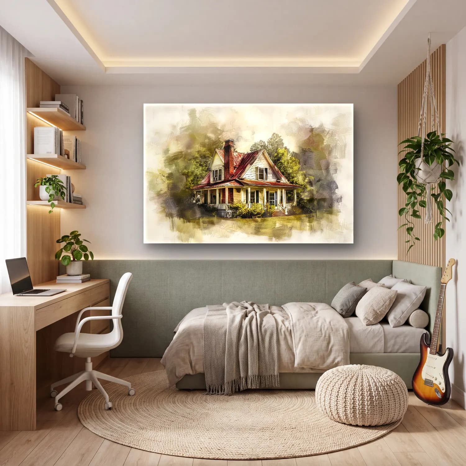 Suluboya Kır Evi No. 32 cam tablo — genç odasında