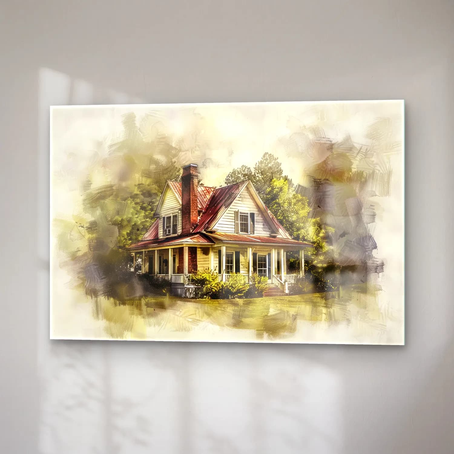Suluboya Kır Evi No. 32 cam tablo — sağ açıdan görünüm