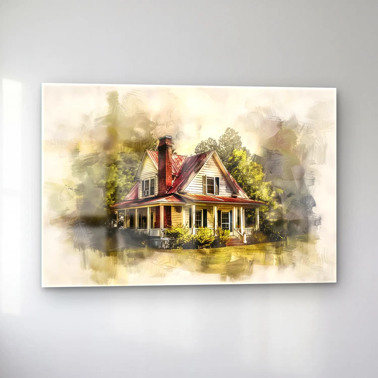 Suluboya Kır Evi No. 32 cam tablo — sol açıdan görünüm