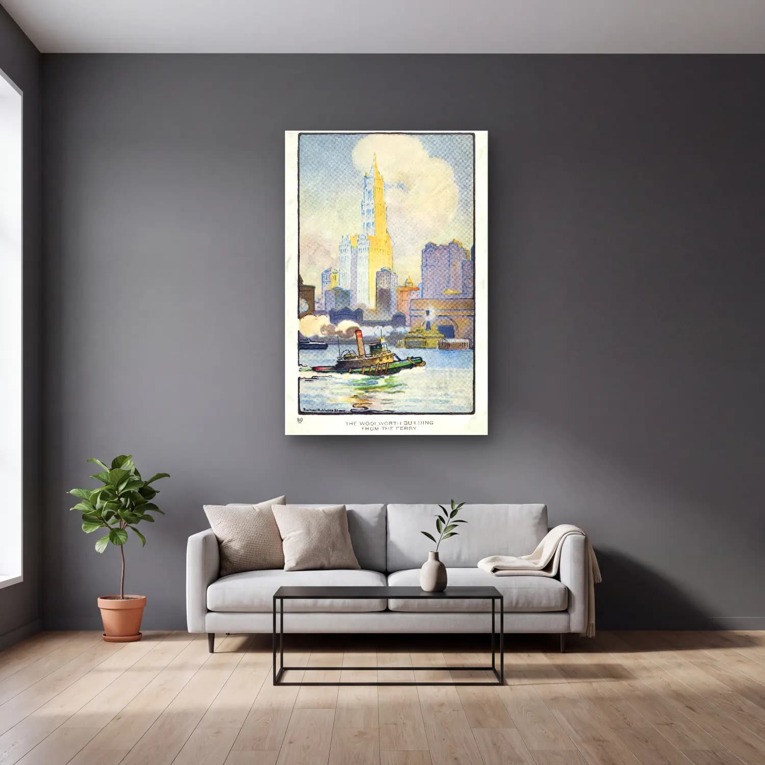 Rachael Robinson Elmer – The Woolworth Building from the Ferry from Art–Lovers New… cam tablo — gri duvarlı salonda