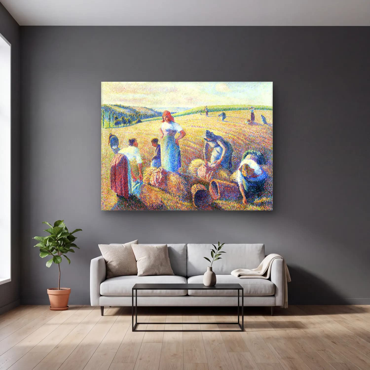 Camille Pissarro – The gleaners – Pastel Tonlar cam tablo — gri duvarlı salonda