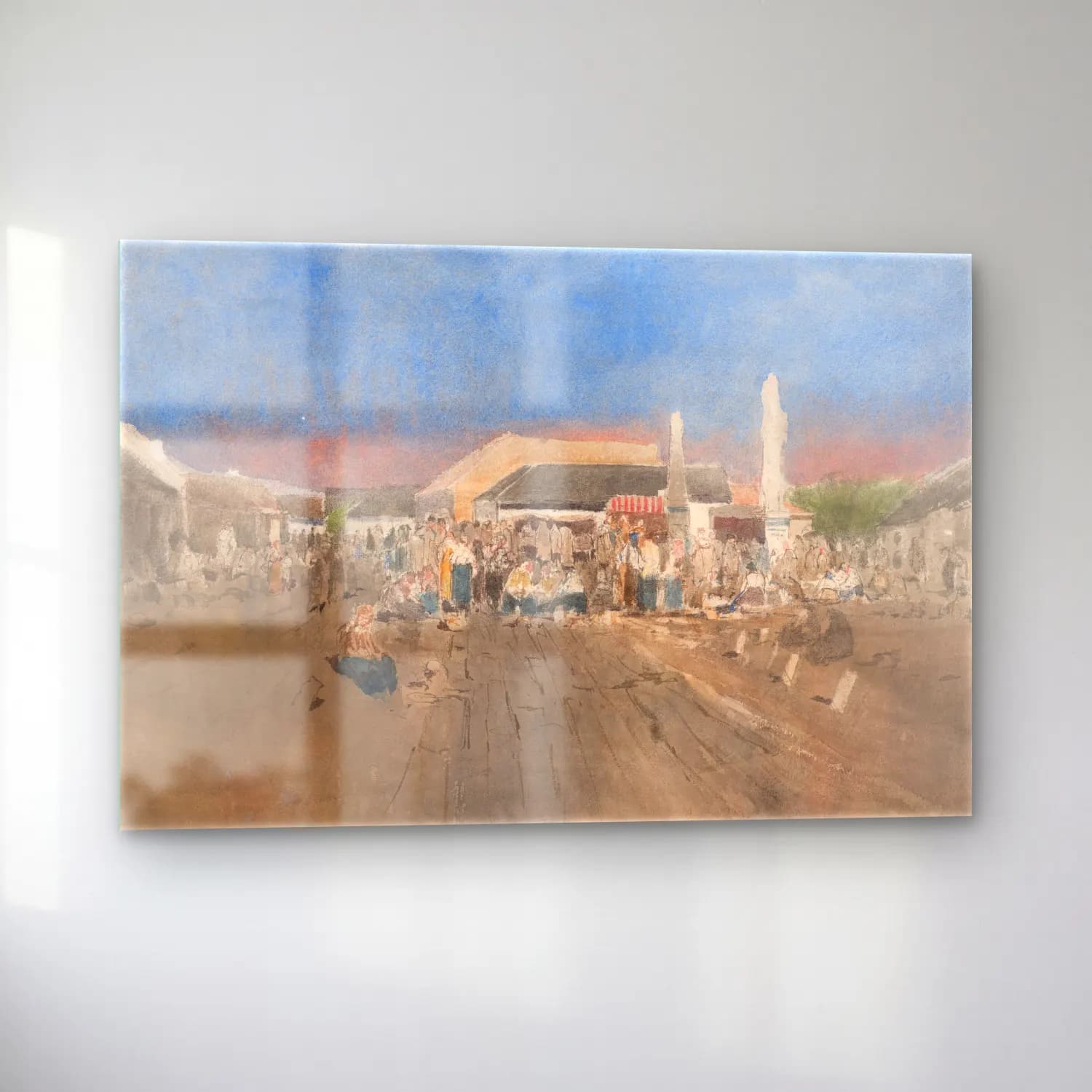 Suluboya Çiçek Pazarı No. 6 cam tablo — sol açıdan görünüm