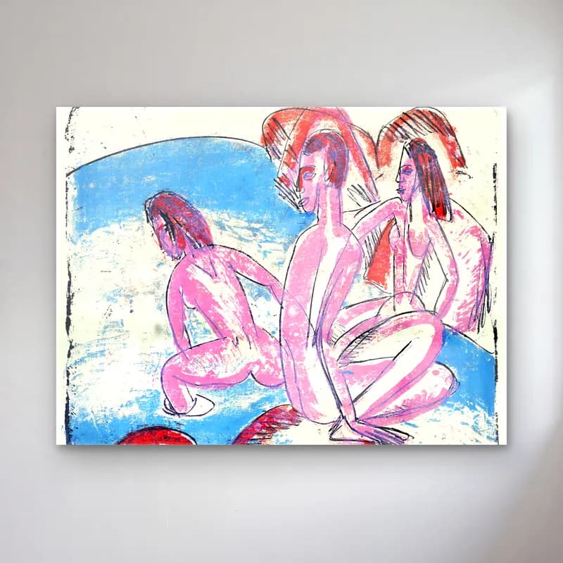 Ludwig Kirchner – Three Bathers cam tablo — Ludwig Kirchner – Three Bathers — pastel sahilde i̇nsanlar