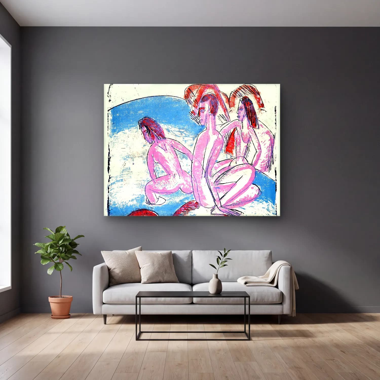Ludwig Kirchner – Three Bathers cam tablo — gri duvarlı salonda