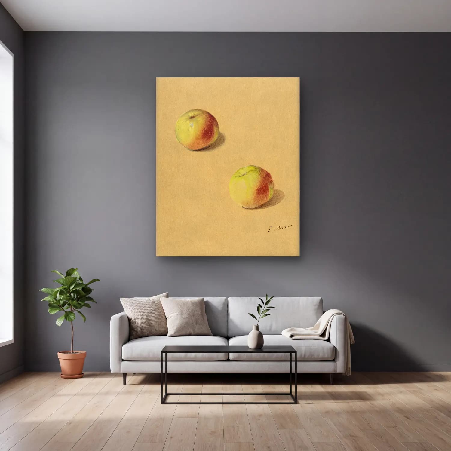 Suluboya Armut ve Elmalar – Pastel Tonlar cam tablo — gri duvarlı salonda