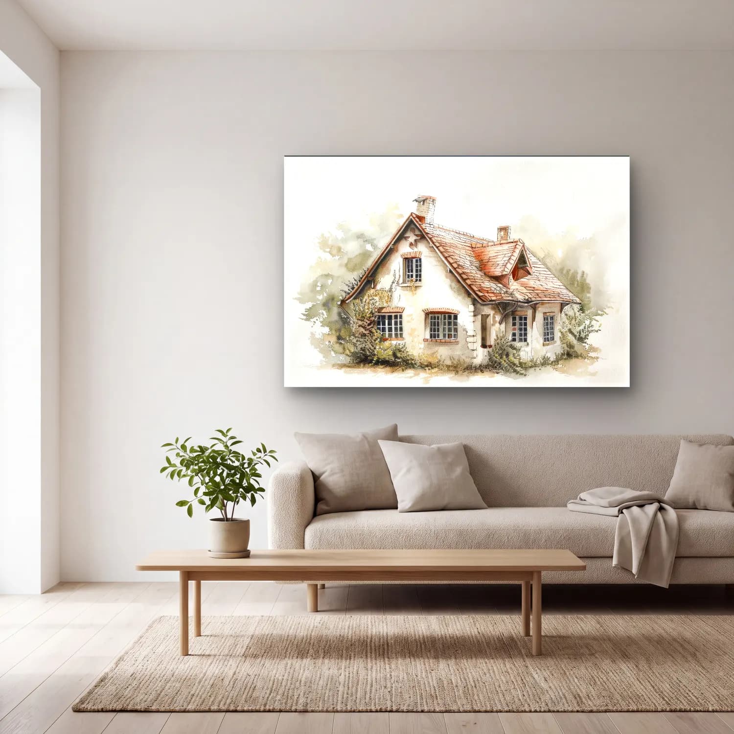 Suluboya Kır Evi No. 33 cam tablo — açık renk salonda