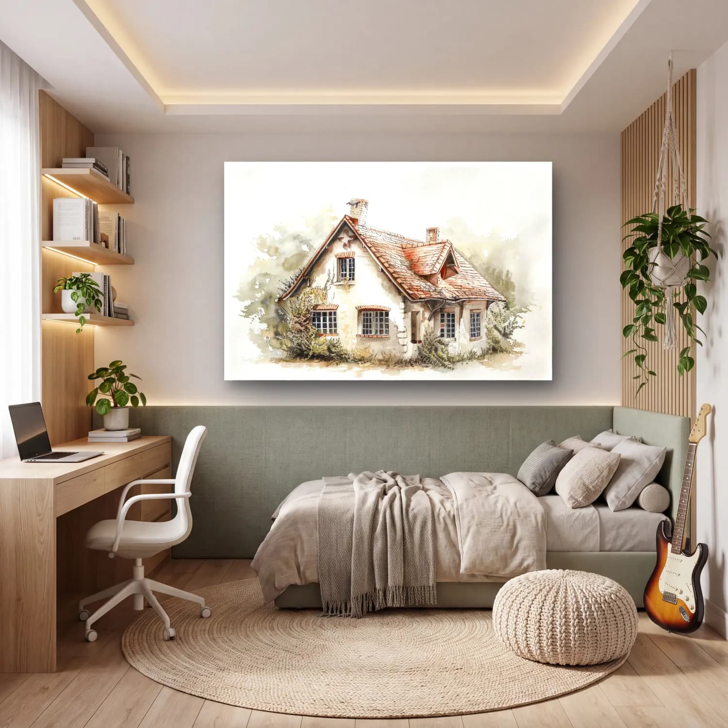 Suluboya Kır Evi No. 33 cam tablo — genç odasında