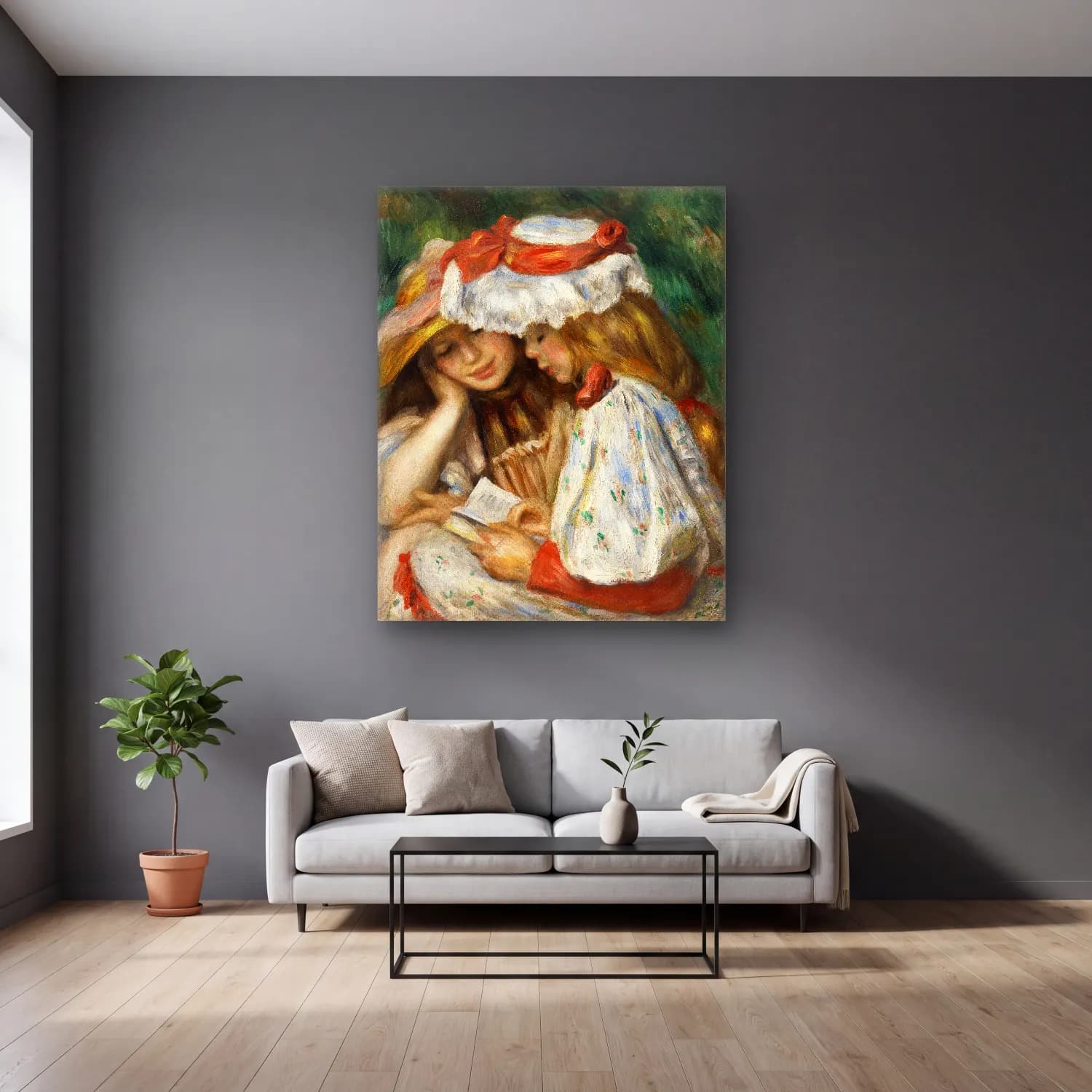 Pierre-Auguste Renoir – Two Girls Reading cam tablo — gri duvarlı salonda