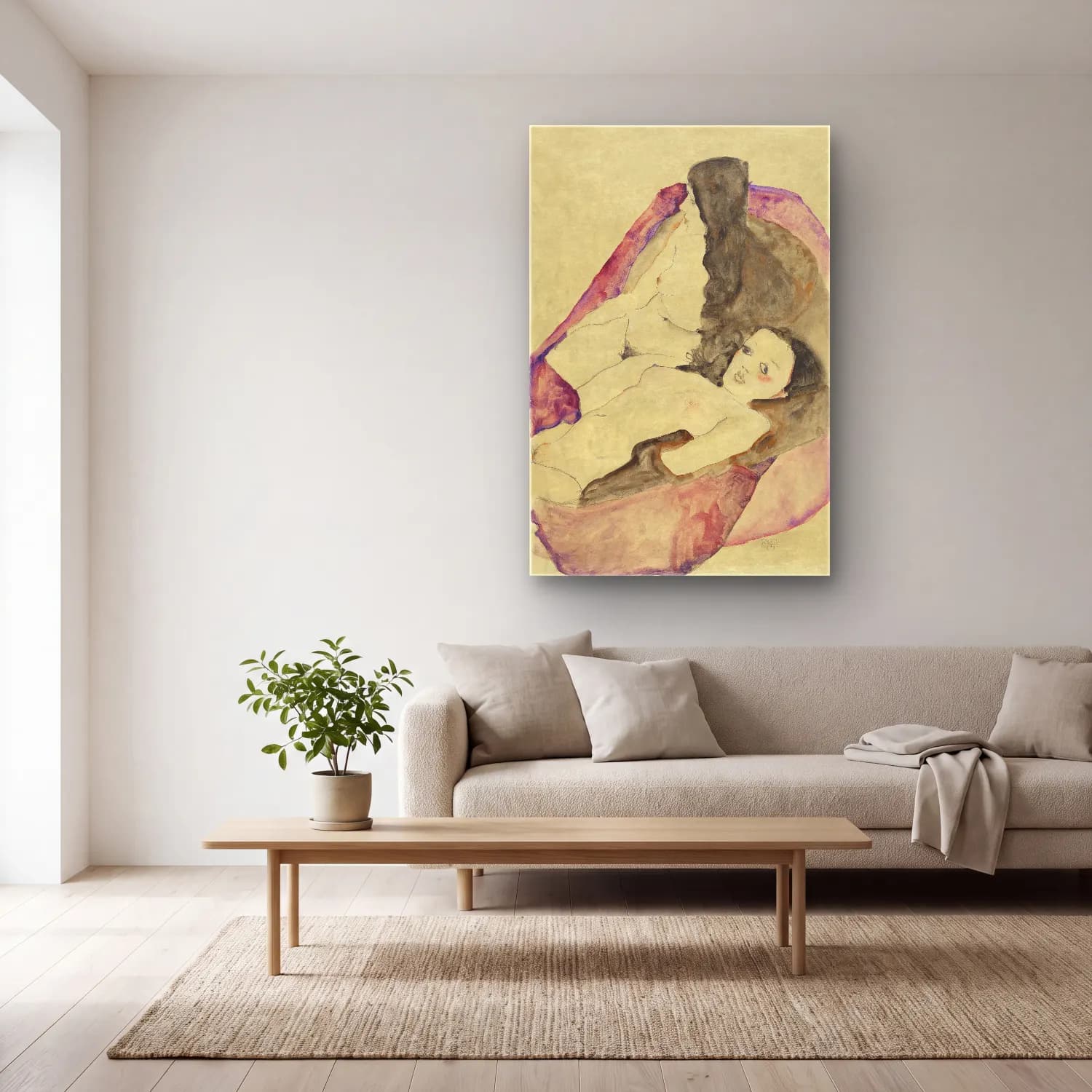 Egon Schiele – Two Reclining Nudes cam tablo — açık renk salonda