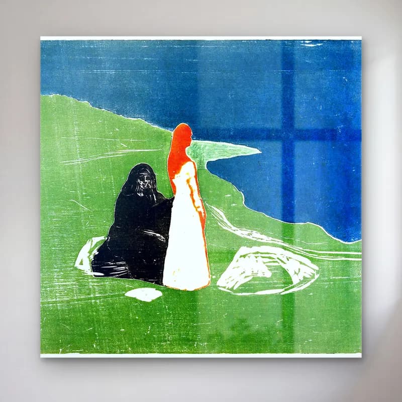 Edvard Munch – Two Women on the Shore – Yeşil Tonlar cam tablo — Edvard Munch – Two Women on the Shore – Yeşil Tonlar — vintage poster sahilde i̇nsanlar