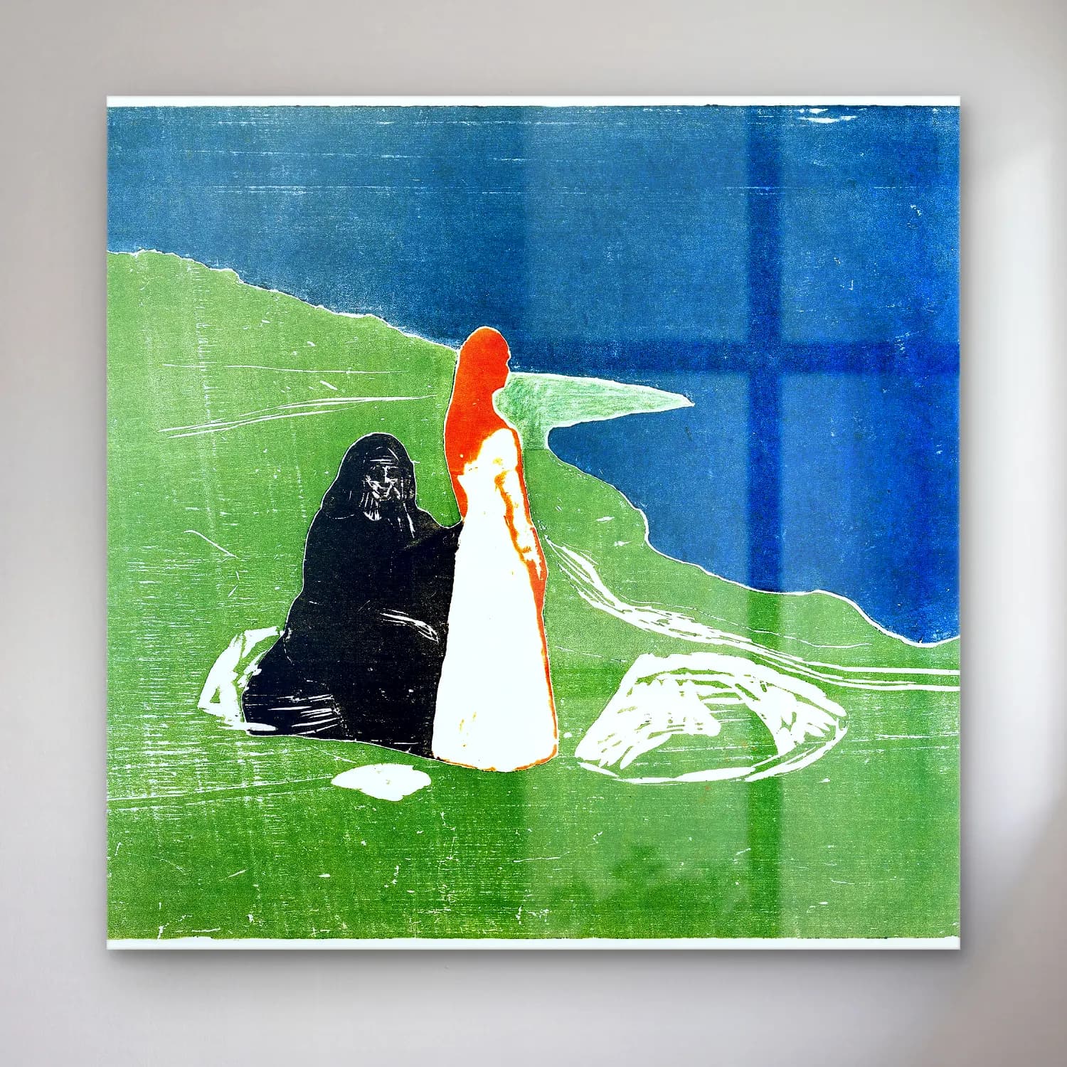 Edvard Munch – Two Women on the Shore – Yeşil Tonlar cam tablo — Edvard Munch – Two Women on the Shore – Yeşil Tonlar — vintage poster sahilde i̇nsanlar
