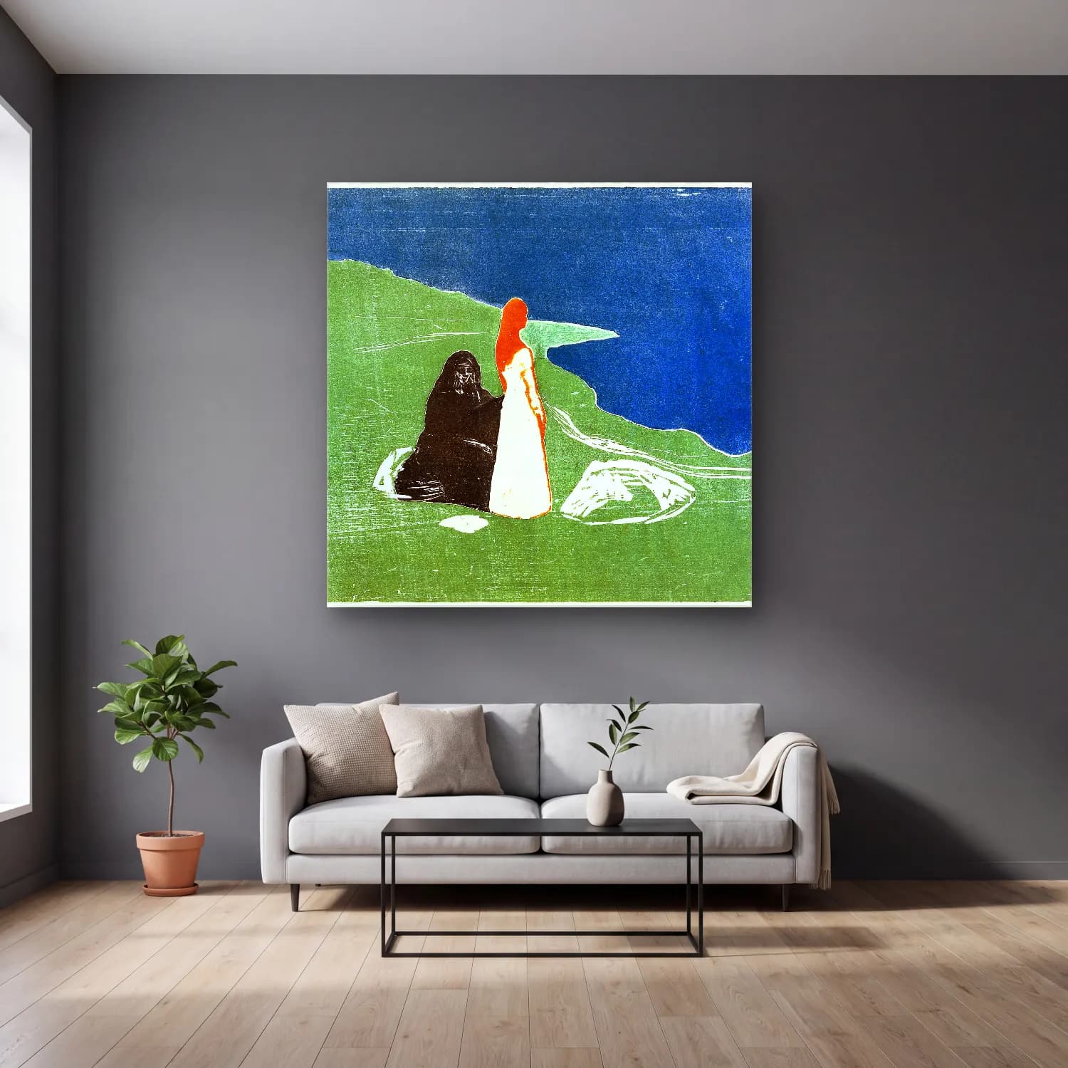 Edvard Munch – Two Women on the Shore – Yeşil Tonlar cam tablo — gri duvarlı salonda